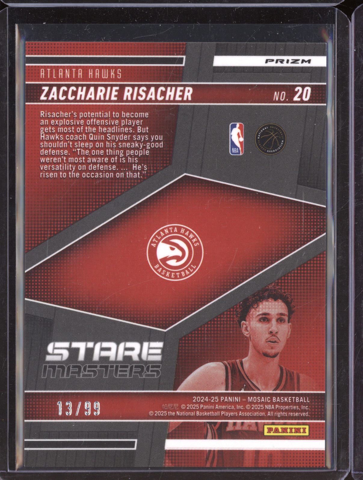 Zaccharie Risacher 2024-25 Panini Mosaic 20 Stare Masters Mosaic Purple RC 13/99