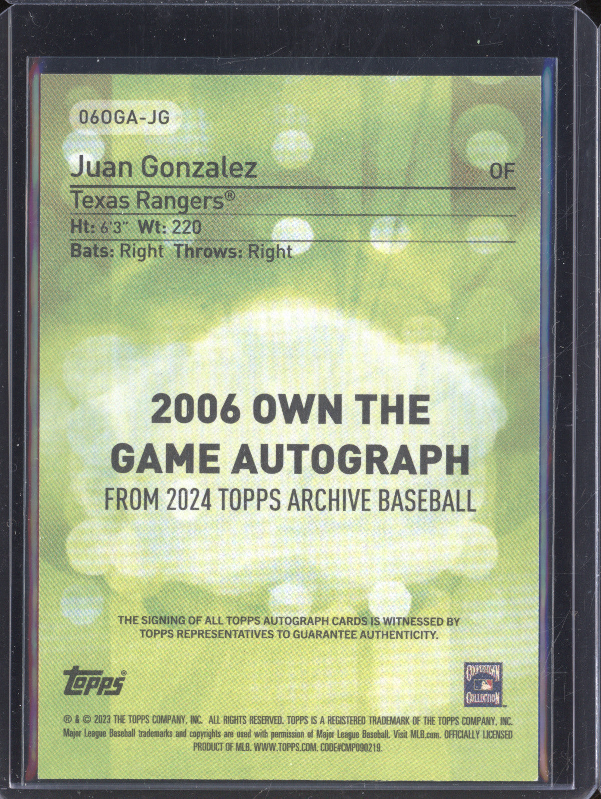 Juan Gonzalez 2024 Topps Archives 06OGA-JG 2006 Topps Own the Game Auto