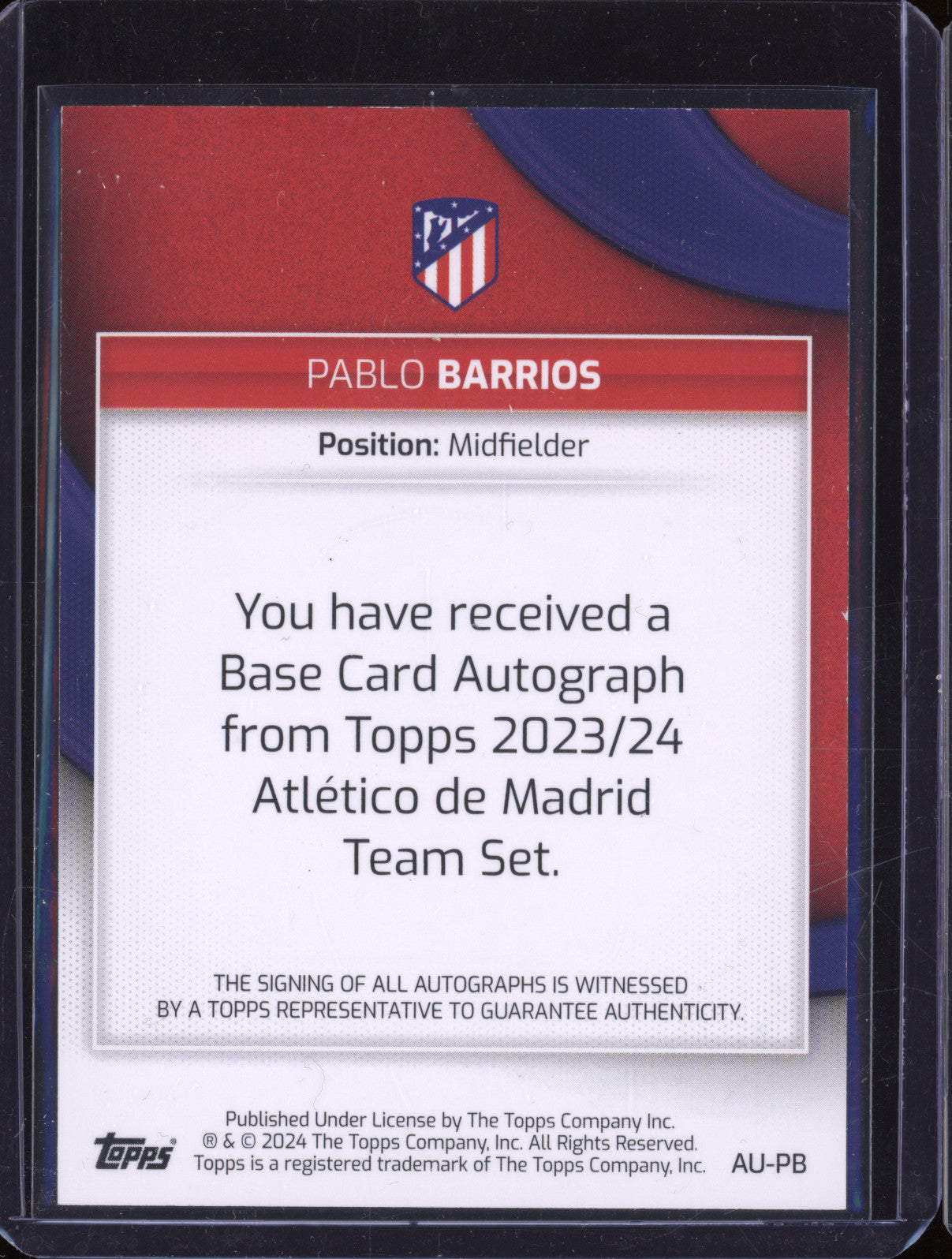 Pablo Barrios 2023-24 Topps Athletico de Madrid Team Set AU-PB Autograph