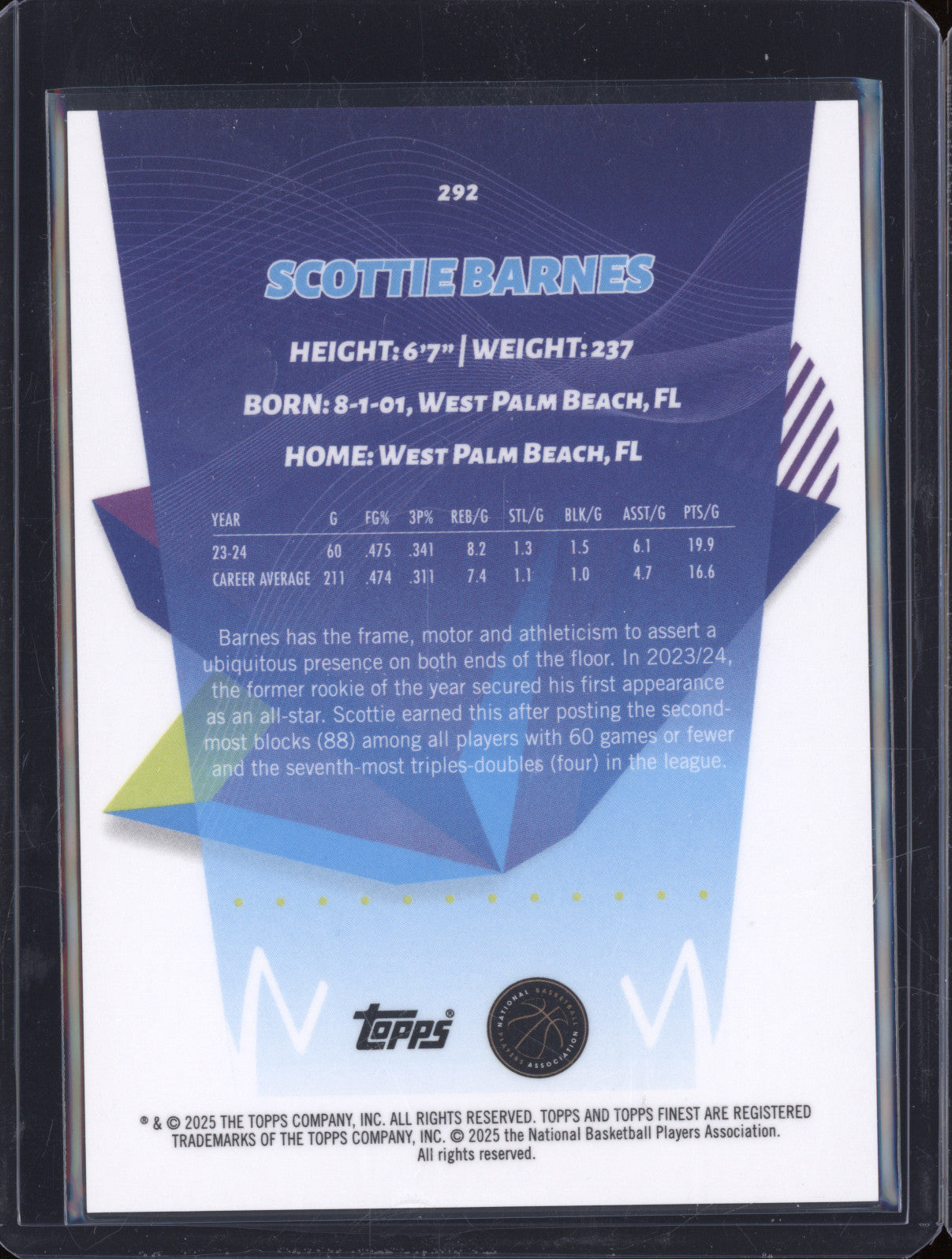 Scottie Barnes 2024-25 Topps Finest 292 Gold Geometric 06/10