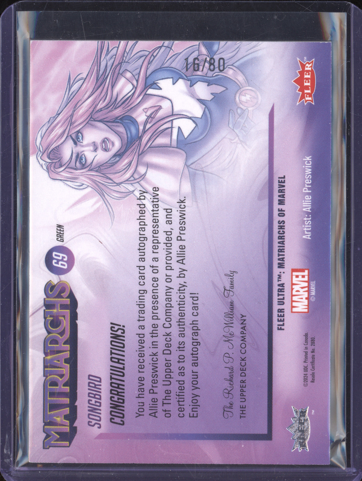 Songbird 2024 Fleer Matriarchs of Marvel 69 Auto Green Foil 16/80