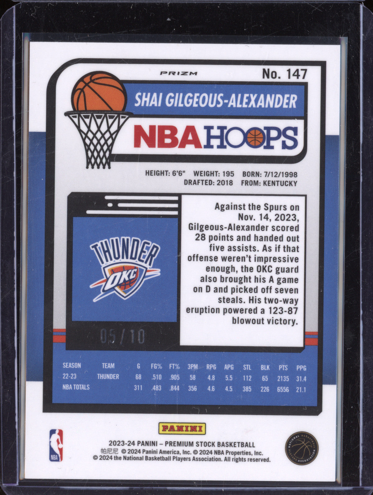Shai Gilgeous-Alexander 2023-24 Panini Hoops Premium Stock 147 Gold 5/10