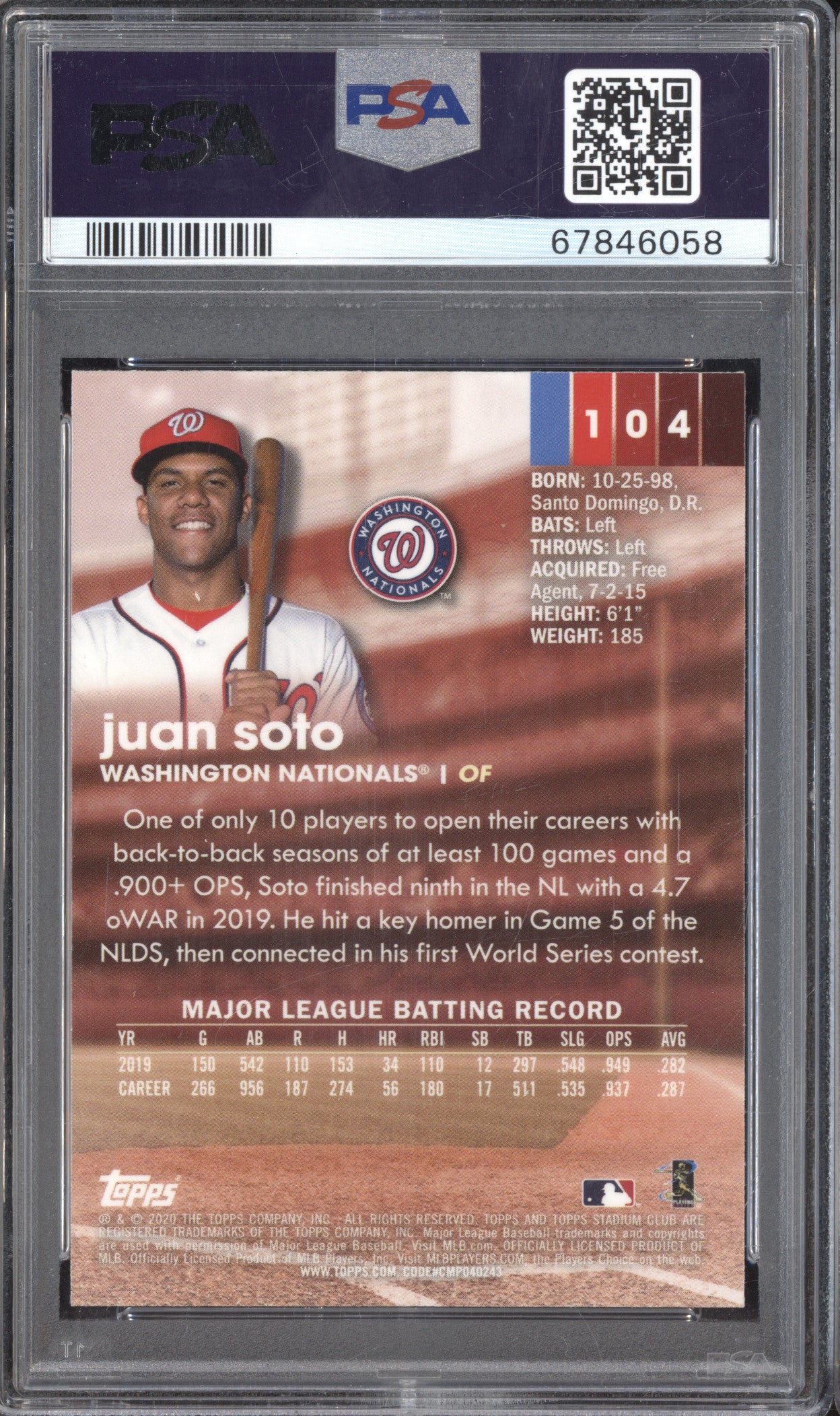 Juan Soto 2020 Topps Stadium Club Chrome 104 PSA 10