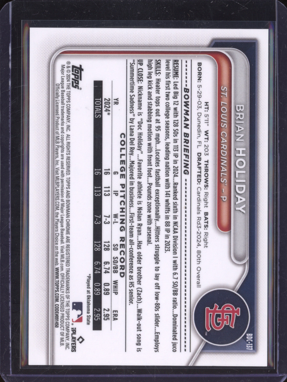 Brian Holiday 2024 Bowman Draft BDC-137 Rose Gold Refractor RC 3/10