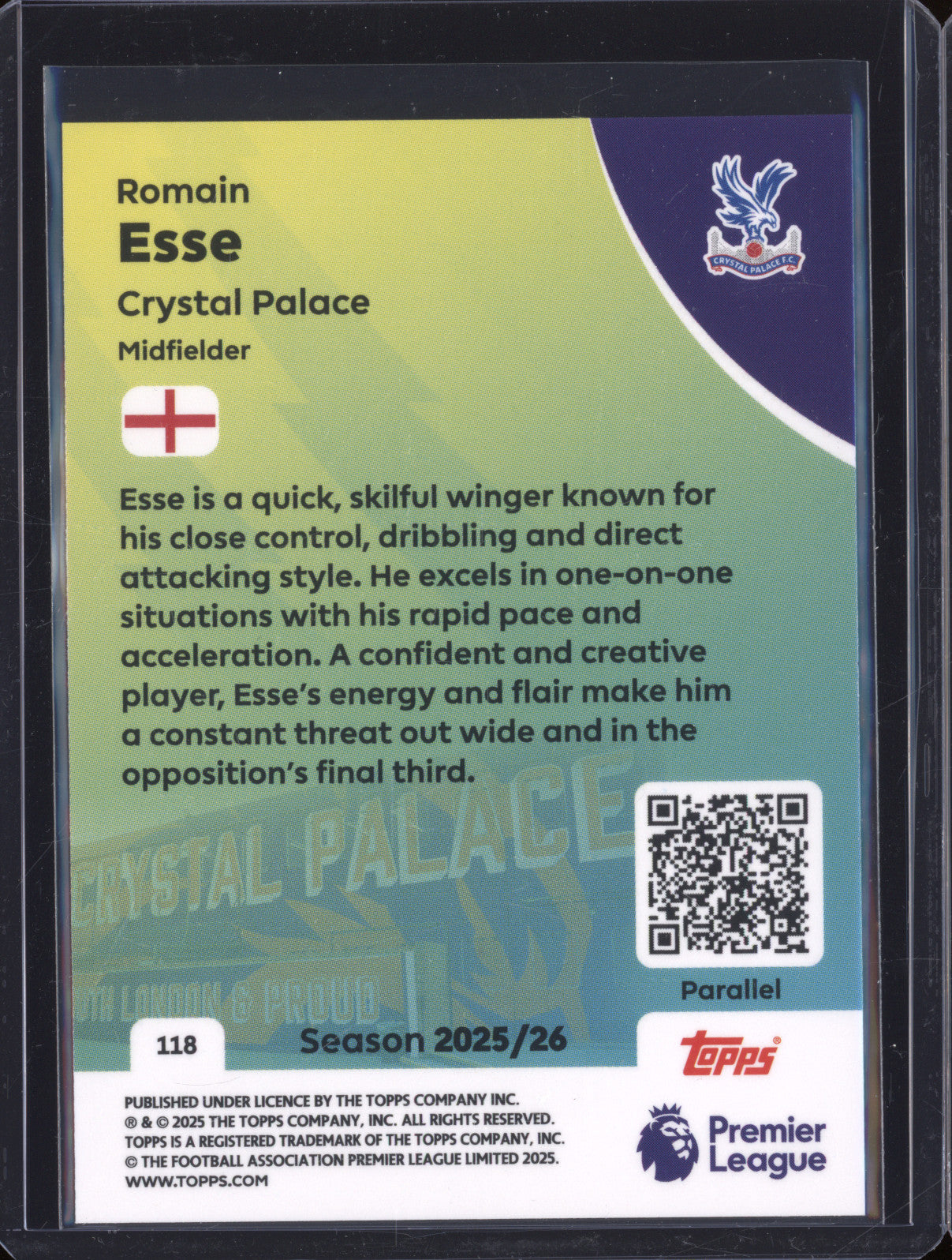 2025-26 Topps Premier League 118 Romain Esse Blue Sparkle RC 123/150