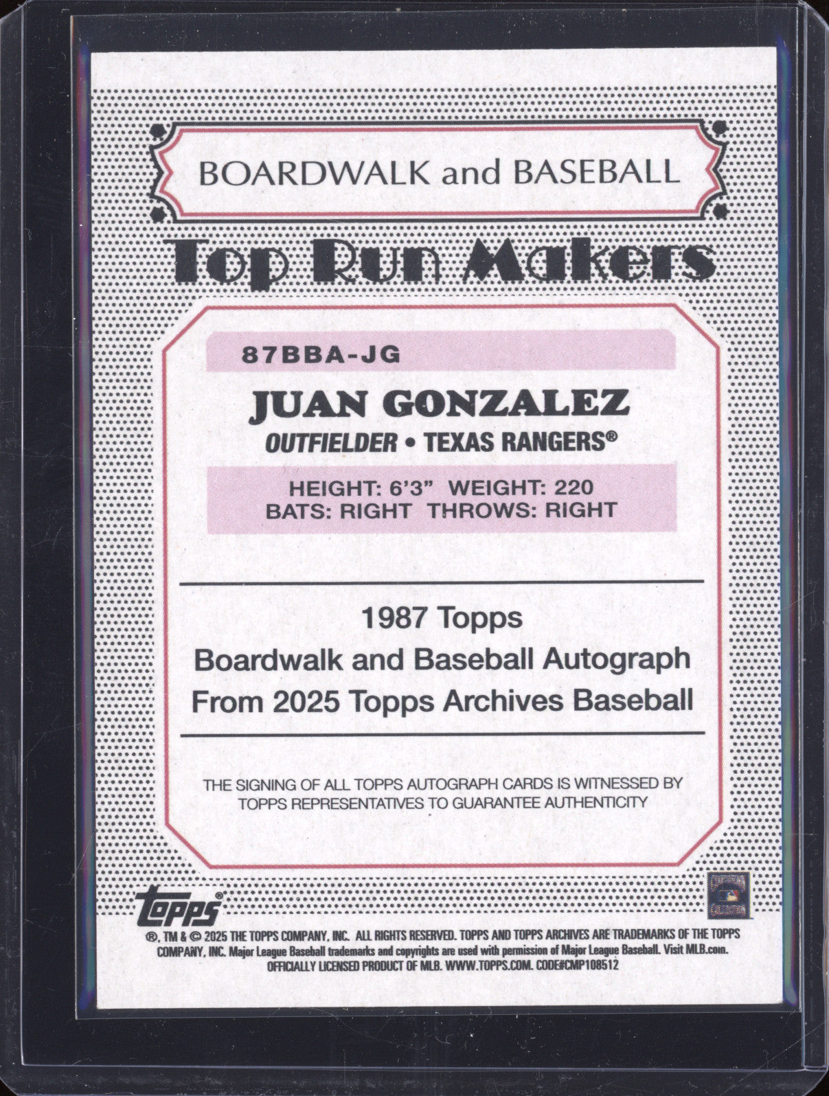 Juan Gonzalez 2025 Topps Archives 87BBA-JG Boardwalk and Baseball Auto