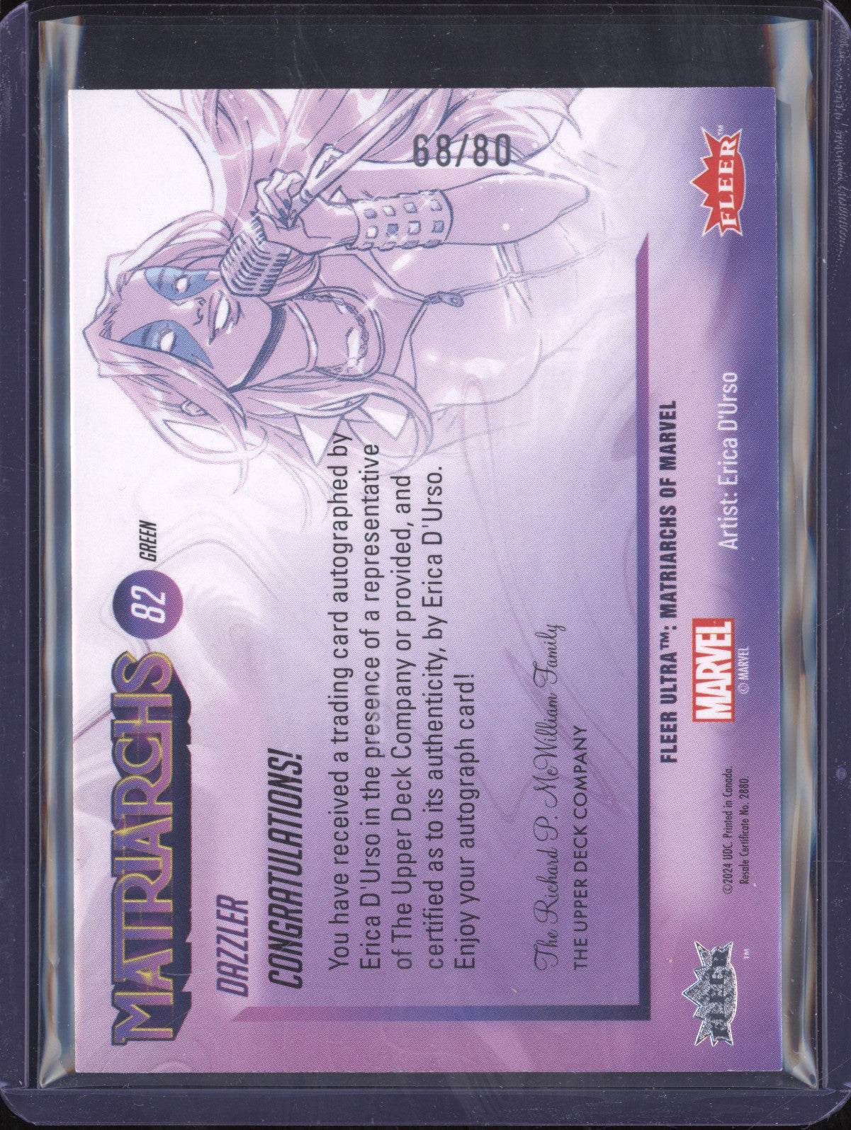 Dazzler 2024 Fleer Matriarchs of Marvel 82 Auto Green Foil 68/80