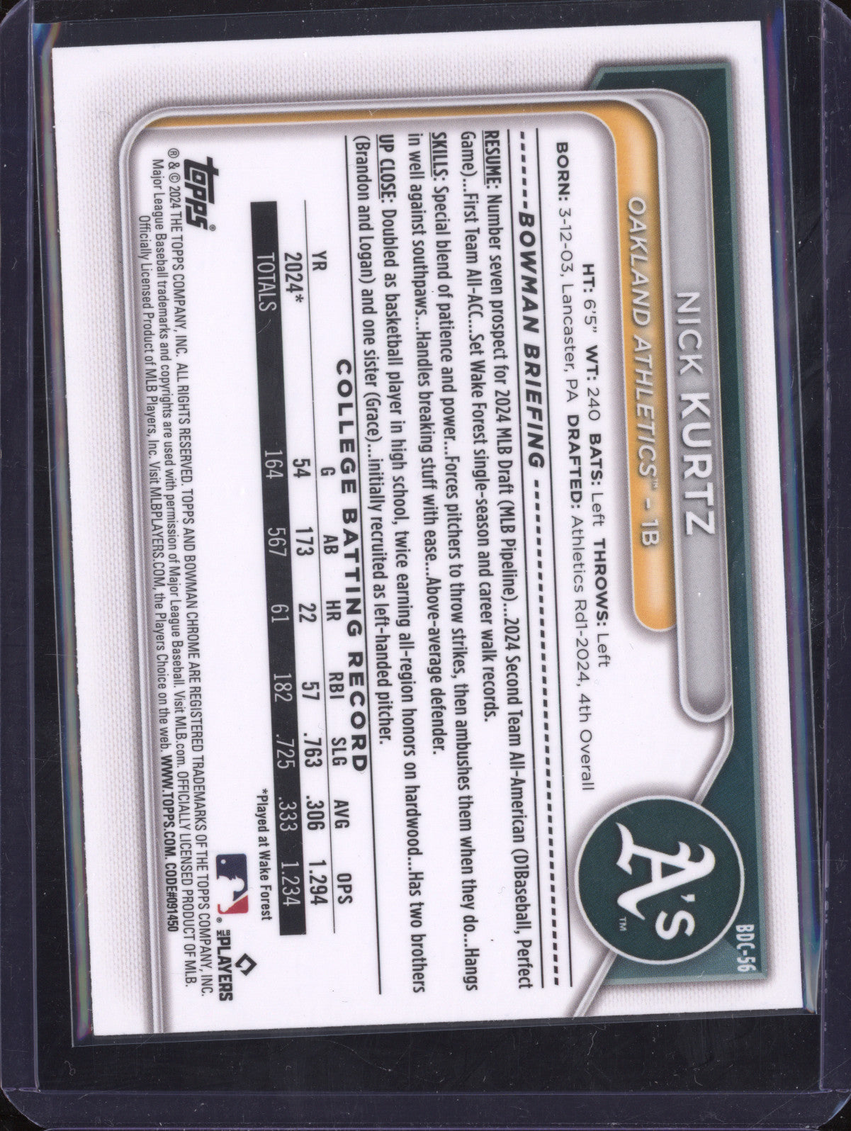 Nick Kurtz 2024 Bowman Draft BDC-56 Steel Metal Refractor RC 14/100