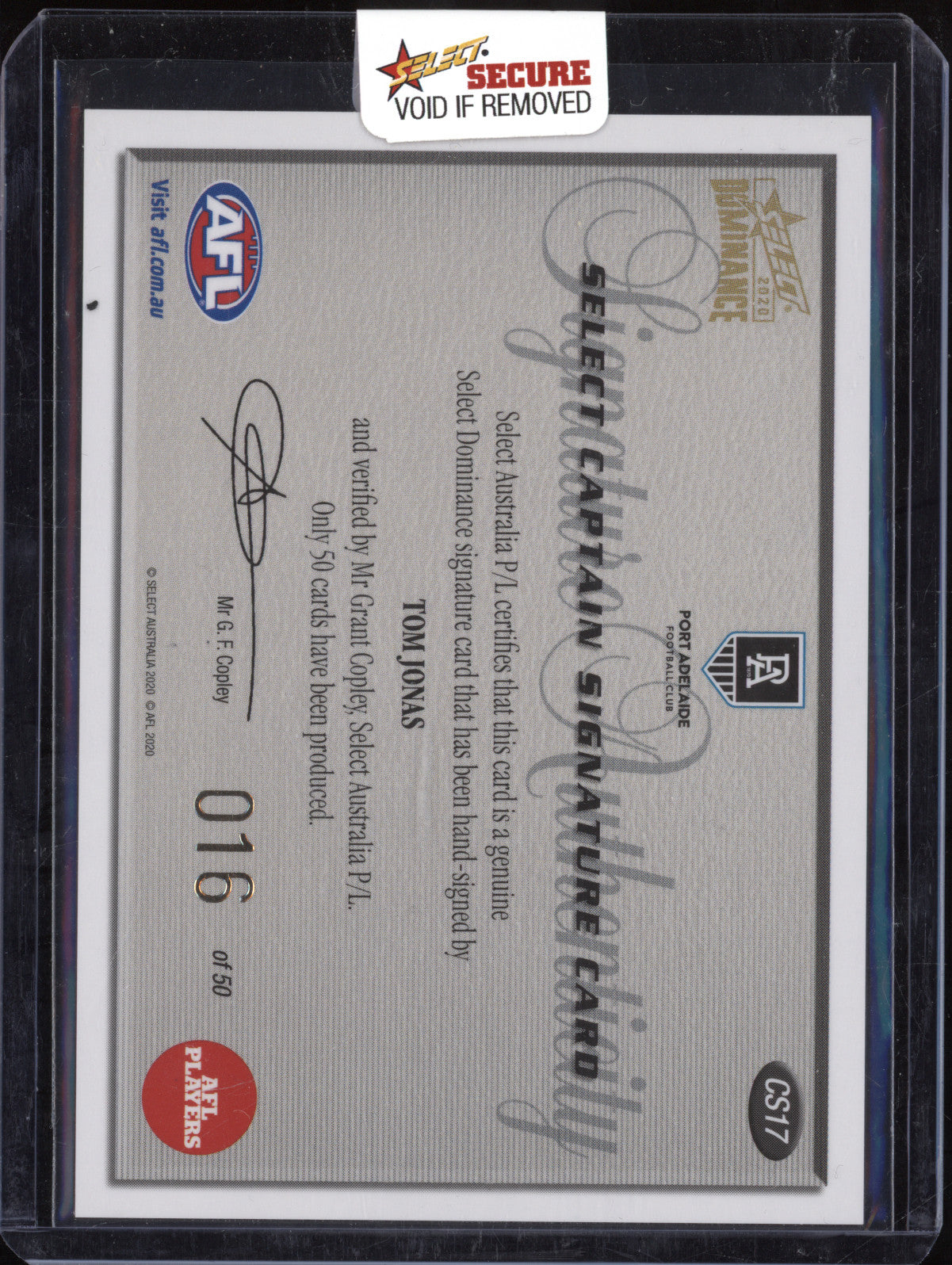 Tom Jonas 2020 Select Dominance CS17 Captain Signature 16/50