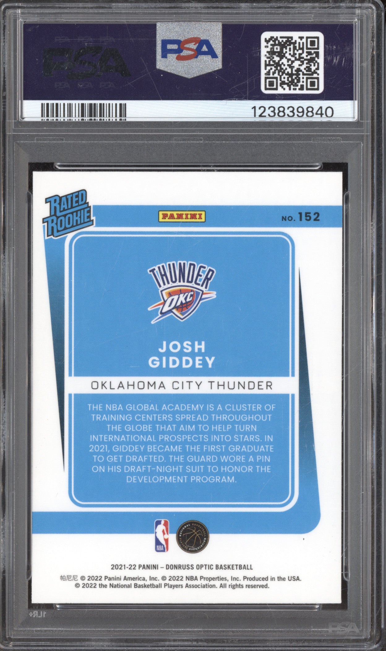 2021 Donruss Optic Donruss Optic 152 Josh Giddey RC PSA 10