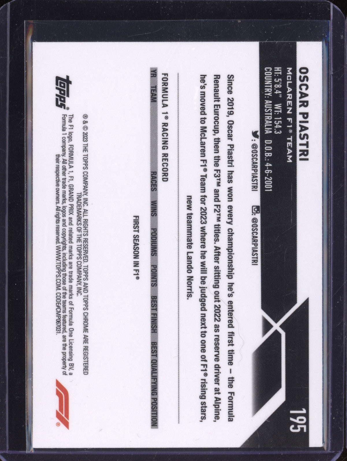 Oscar Piastri 2023 Topps Chrome F1 195 RC