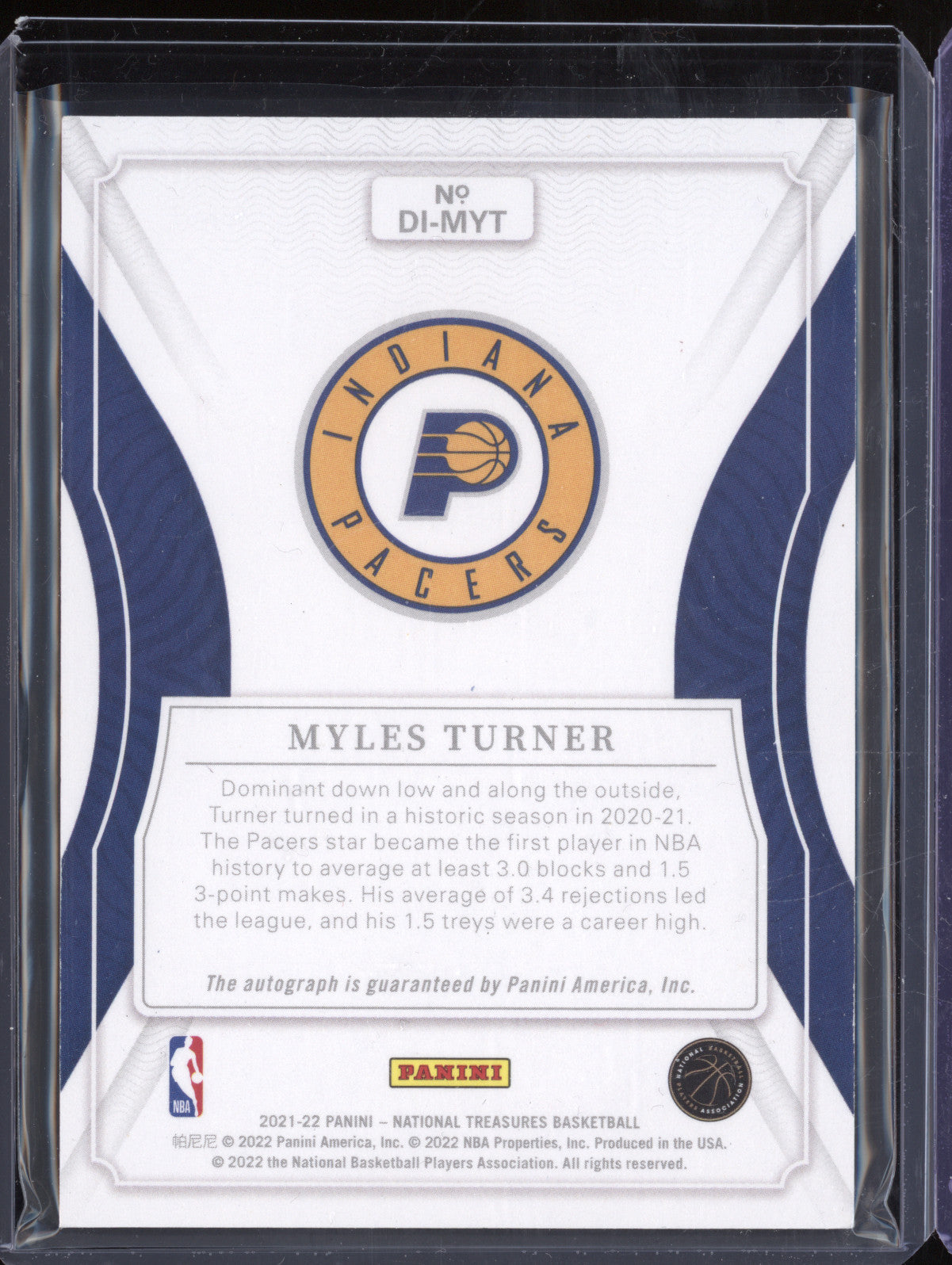 Myles Turner 2021-22 Panini National Treasures DI-MYT Definitive Ink Auto 40/99