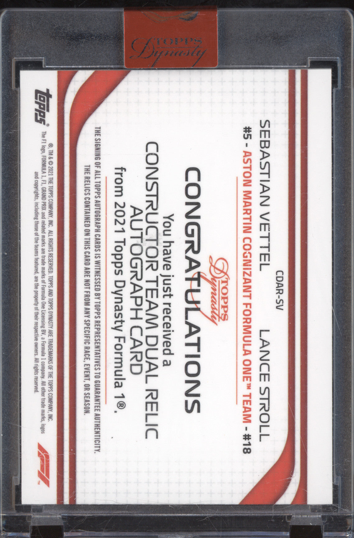 Vettel Stroll 2021 Topps Dynasty F1 CDAR-SV Team Dual Relic Auto Red 5/5