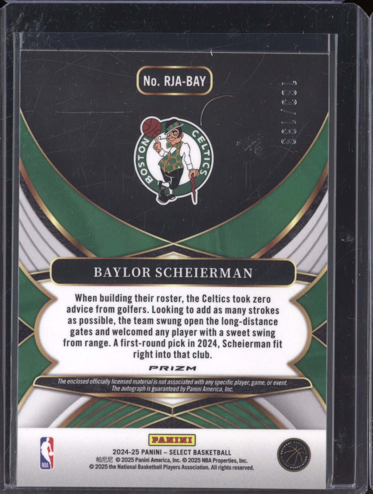 Baylor Scheierman 2024-25 Panini Select RJA-BAY Rookie Patch Auto RC 163/199