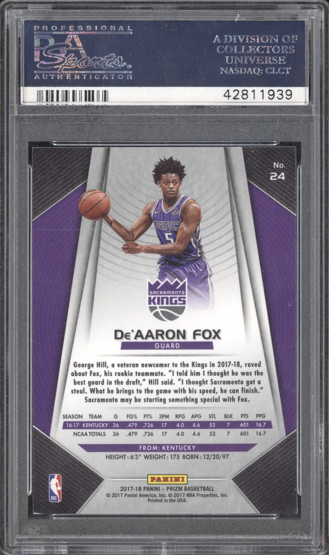 De'Aaron Fox 2017-18 Panini Prizm 24 RC PSA 10