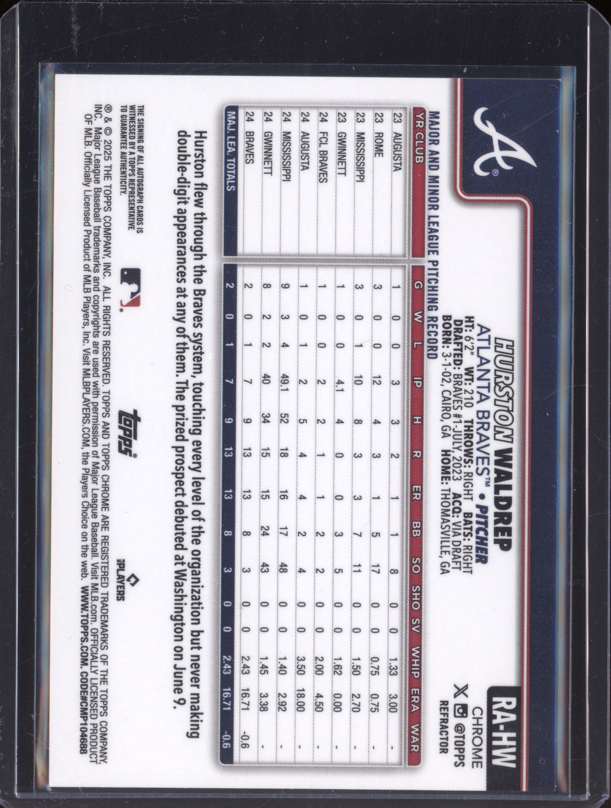 Hurston Waldrep 2025 Topps Chrome RA-HW Rookie Auto RC