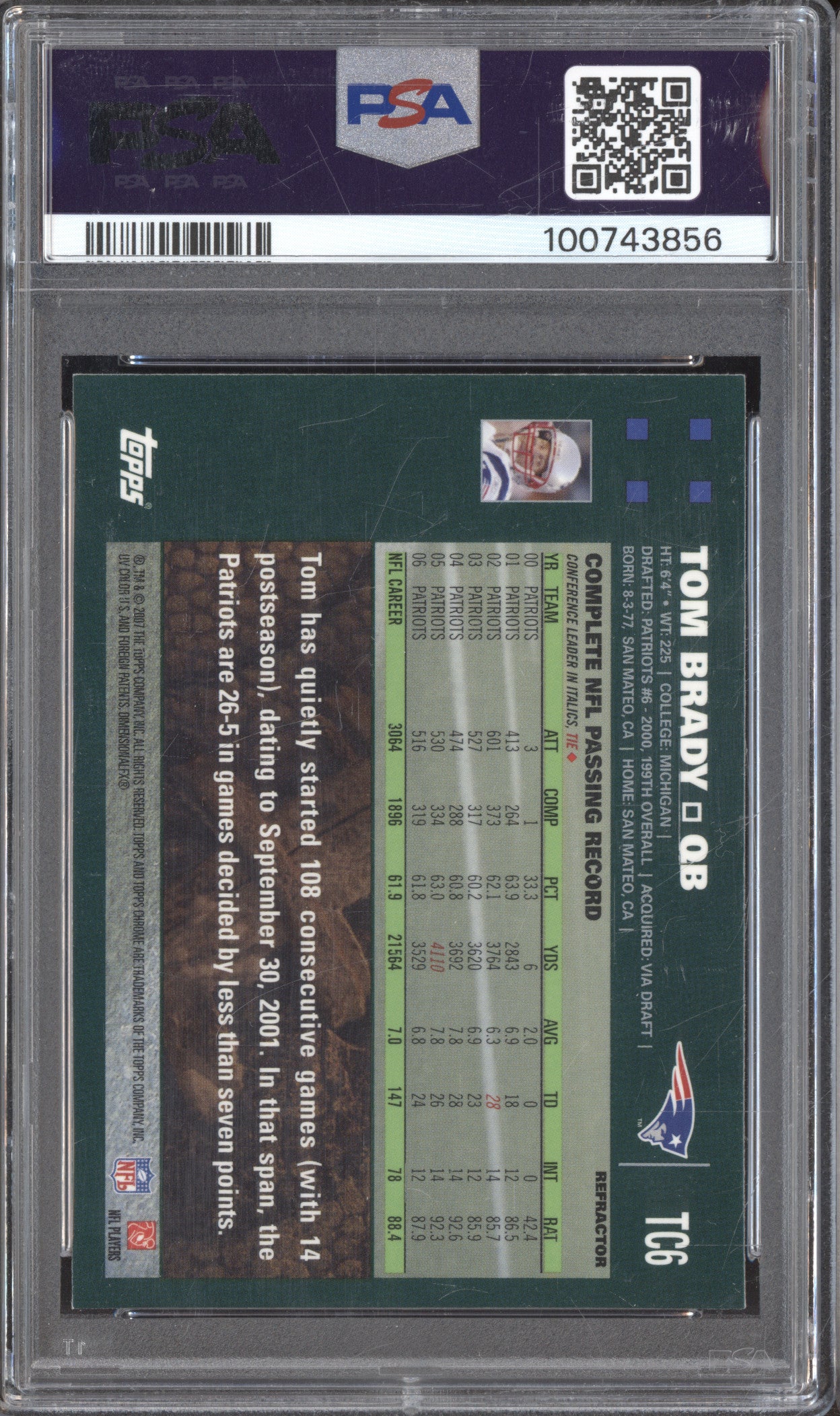 2007 Topps Chrome TC6 Tom Brady Refractor PSA 9