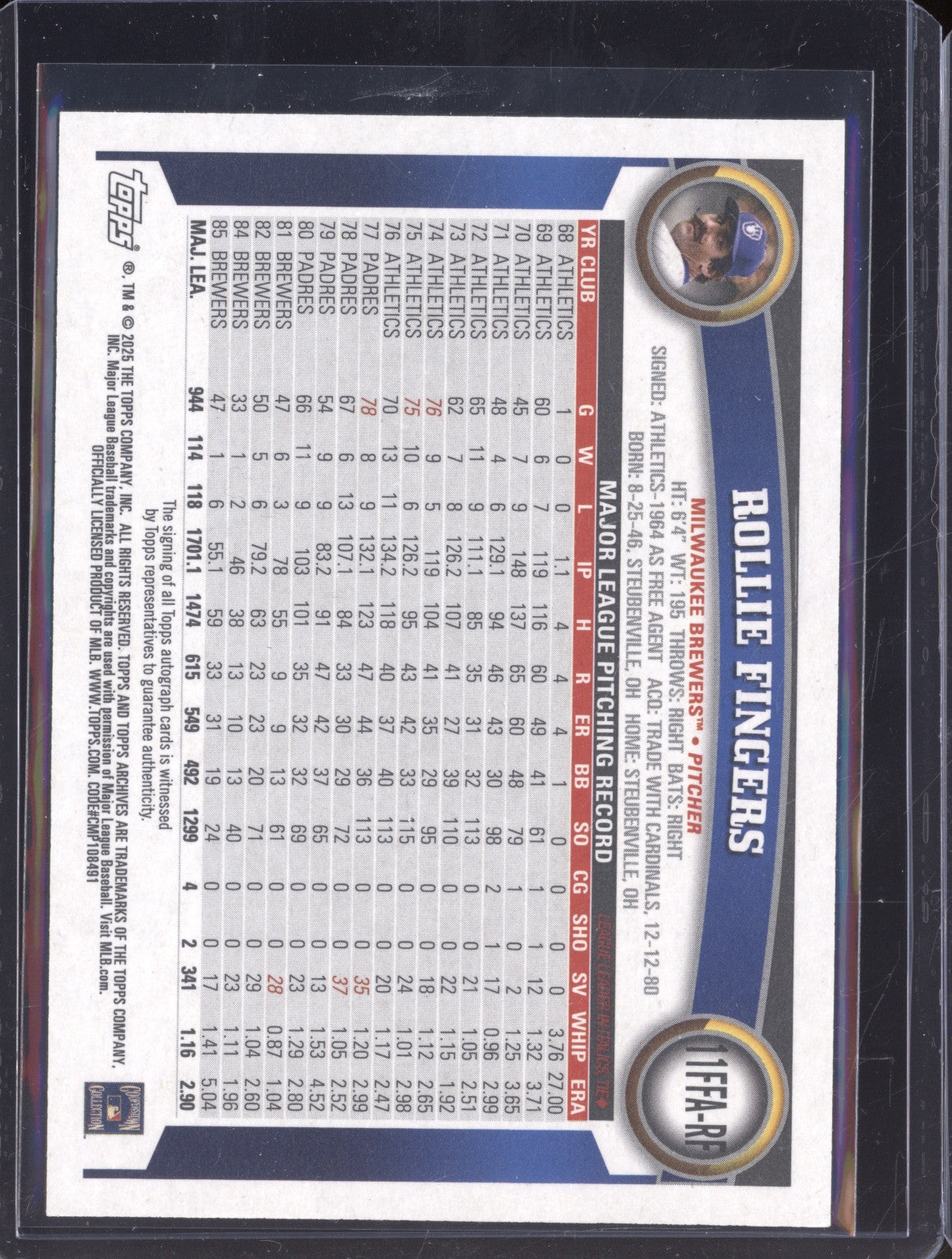 Rollie Fingers 2025 Topps Archives 11FFA-RF Fan Favorites Auto