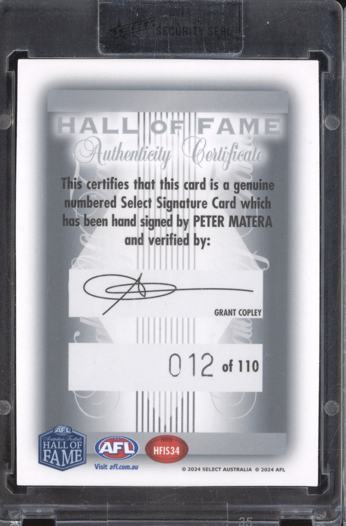 Peter Matera 2024 Select Legacy HFIS34 Hall of Fame Inductee Signature 12/110
