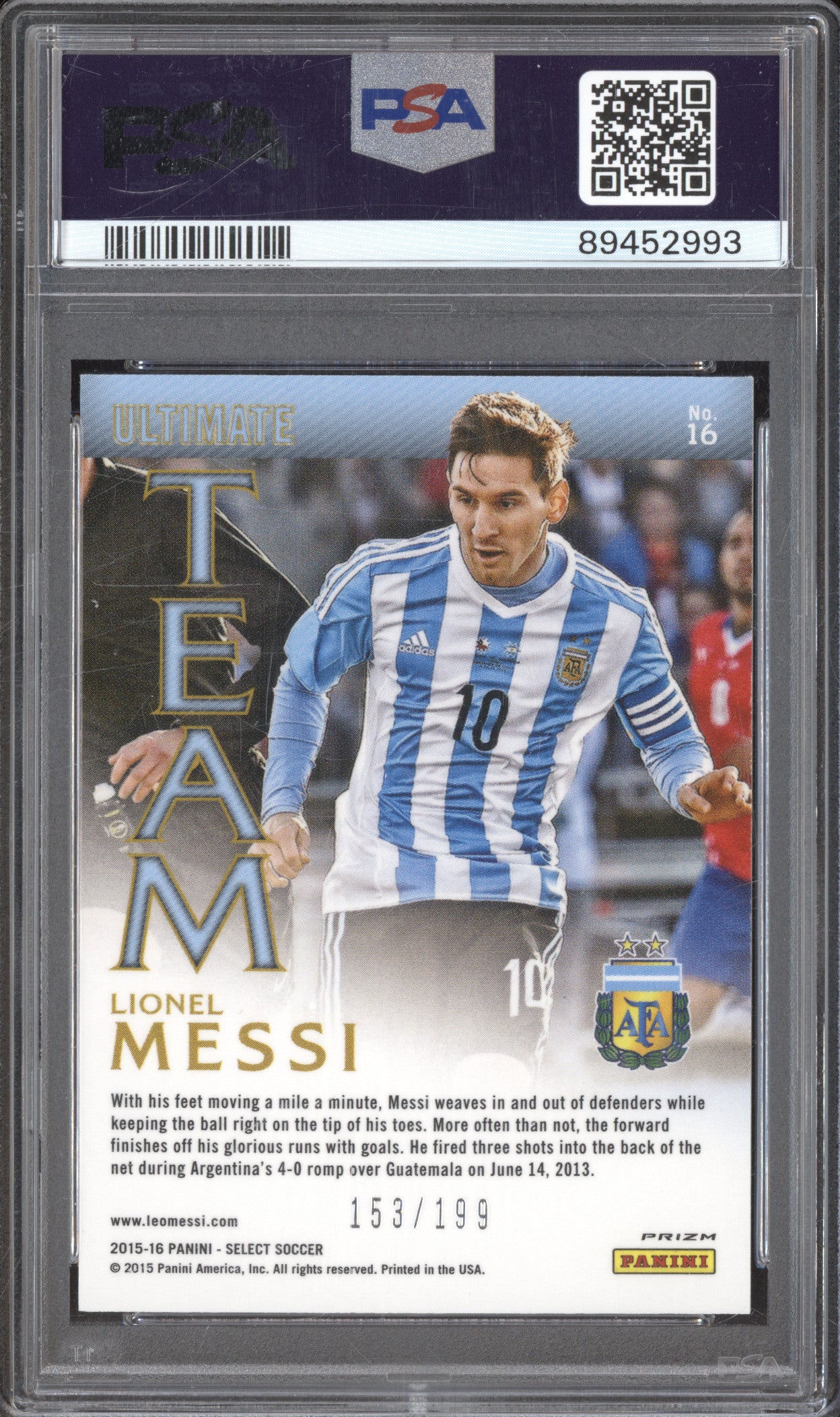 2015 Panini Select 16 Lionel Messi Red Prizm PSA 10