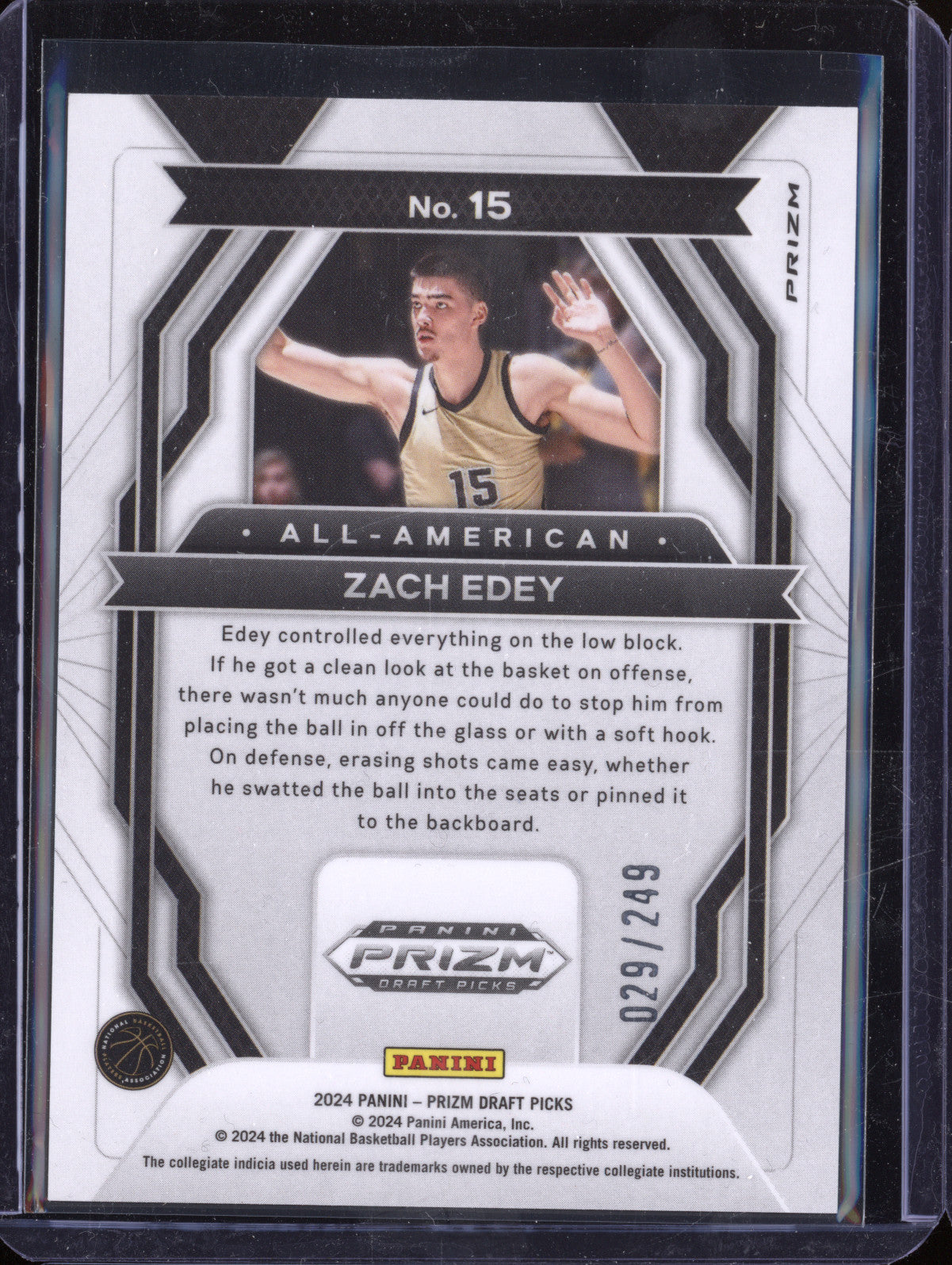 Zach Edey 2024 Panini Prizm Draft Picks 15 All-American Blue Wave RC 29/249