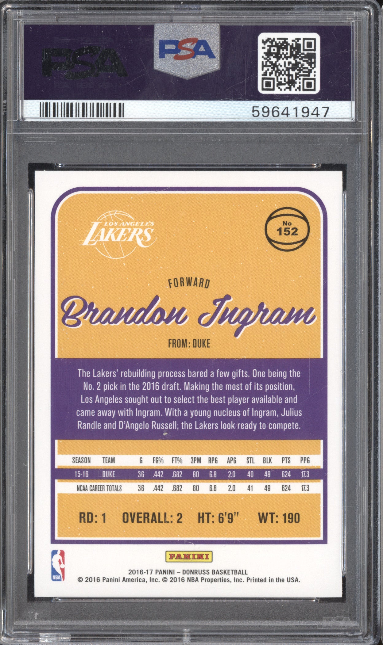 Brandon Ingram 2016-17 Panini Donruss 152 RC PSA 10