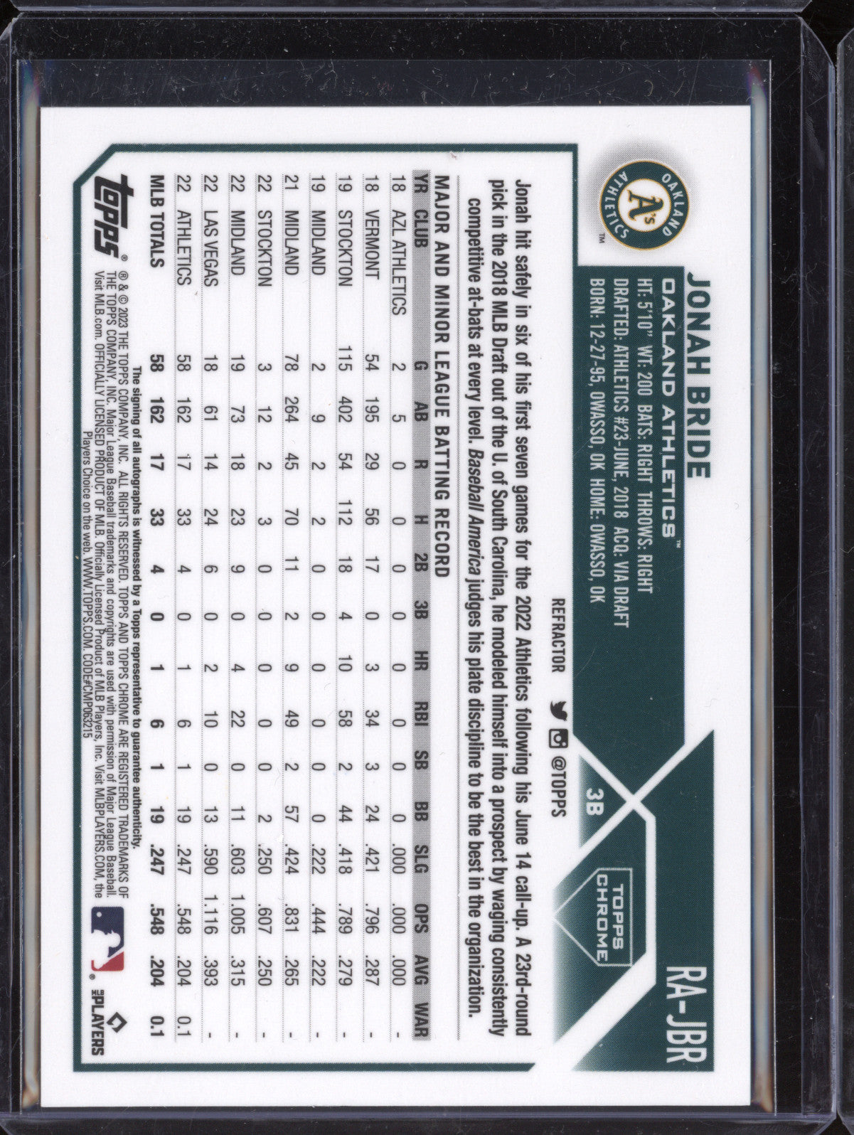 Jonah Bride 2023 Topps Chrome Baseball RA-JBR Rookie Auto Refractor RC 89/499