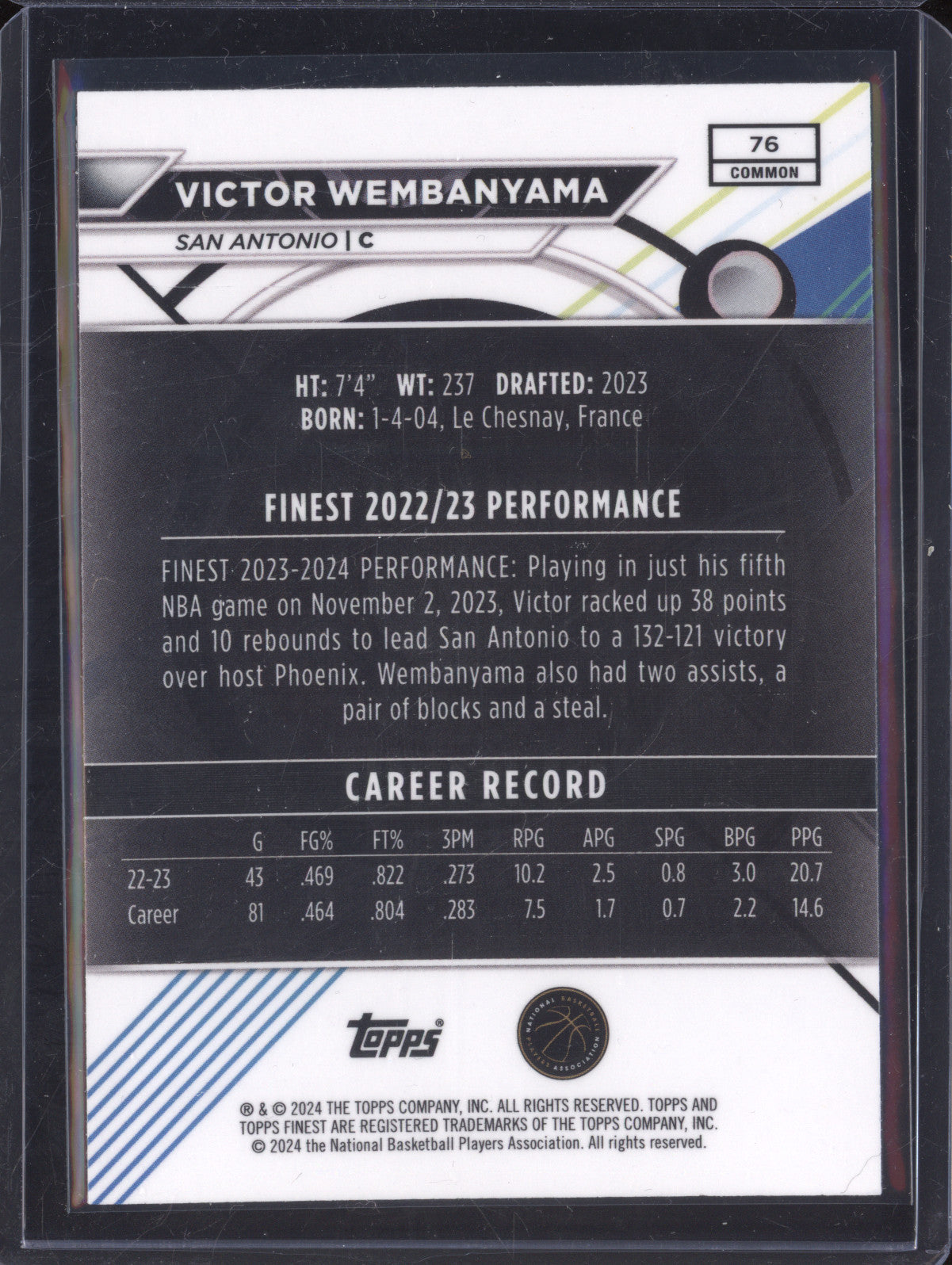 Victor Wembanyama 2023-24 Topps Finest 76 Checkerboard RC