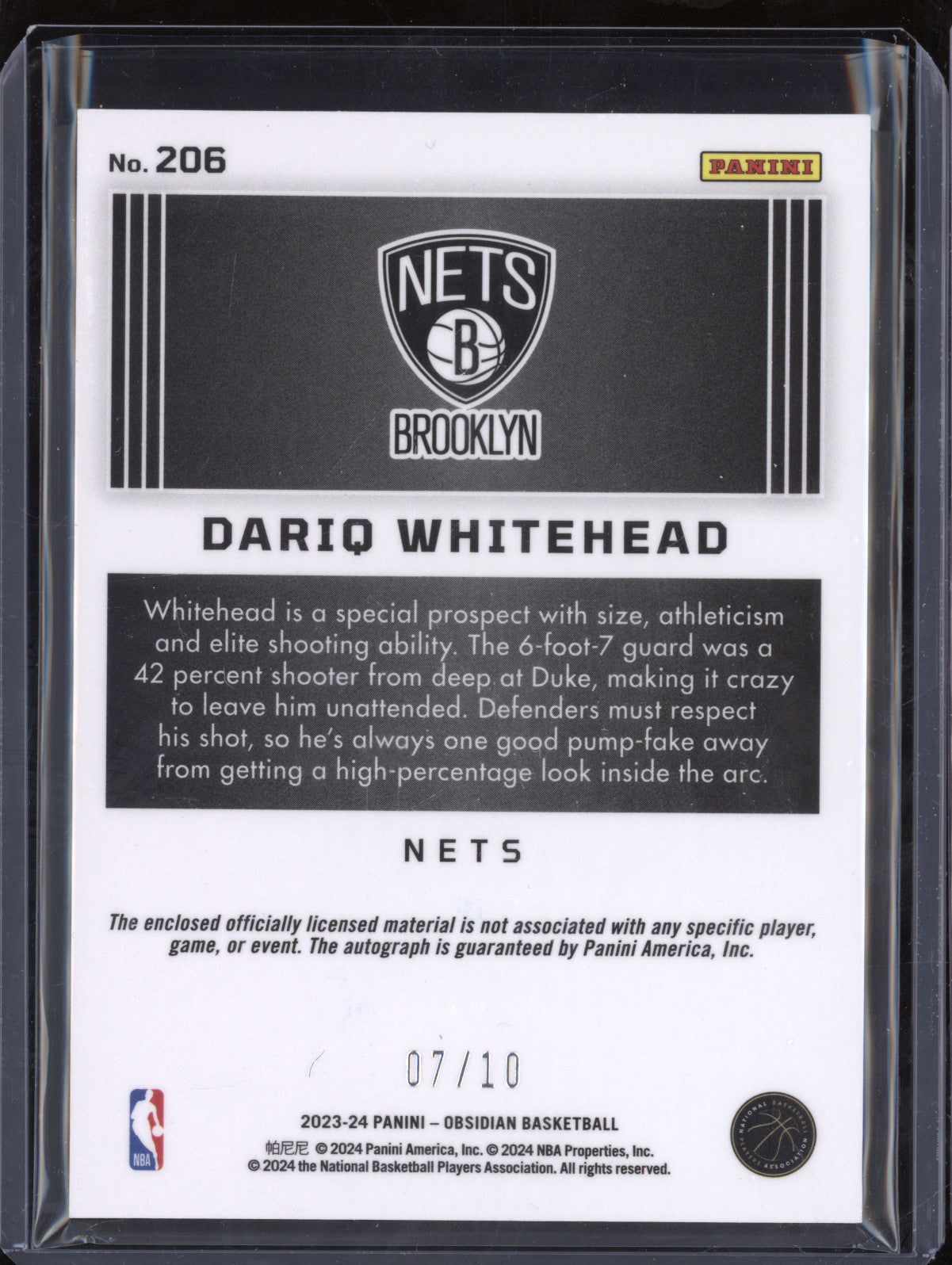 Dariq Whitehead 2023-24 Panini Obsidian 206 Rookie Jersey Auto Gold Flood RC /10