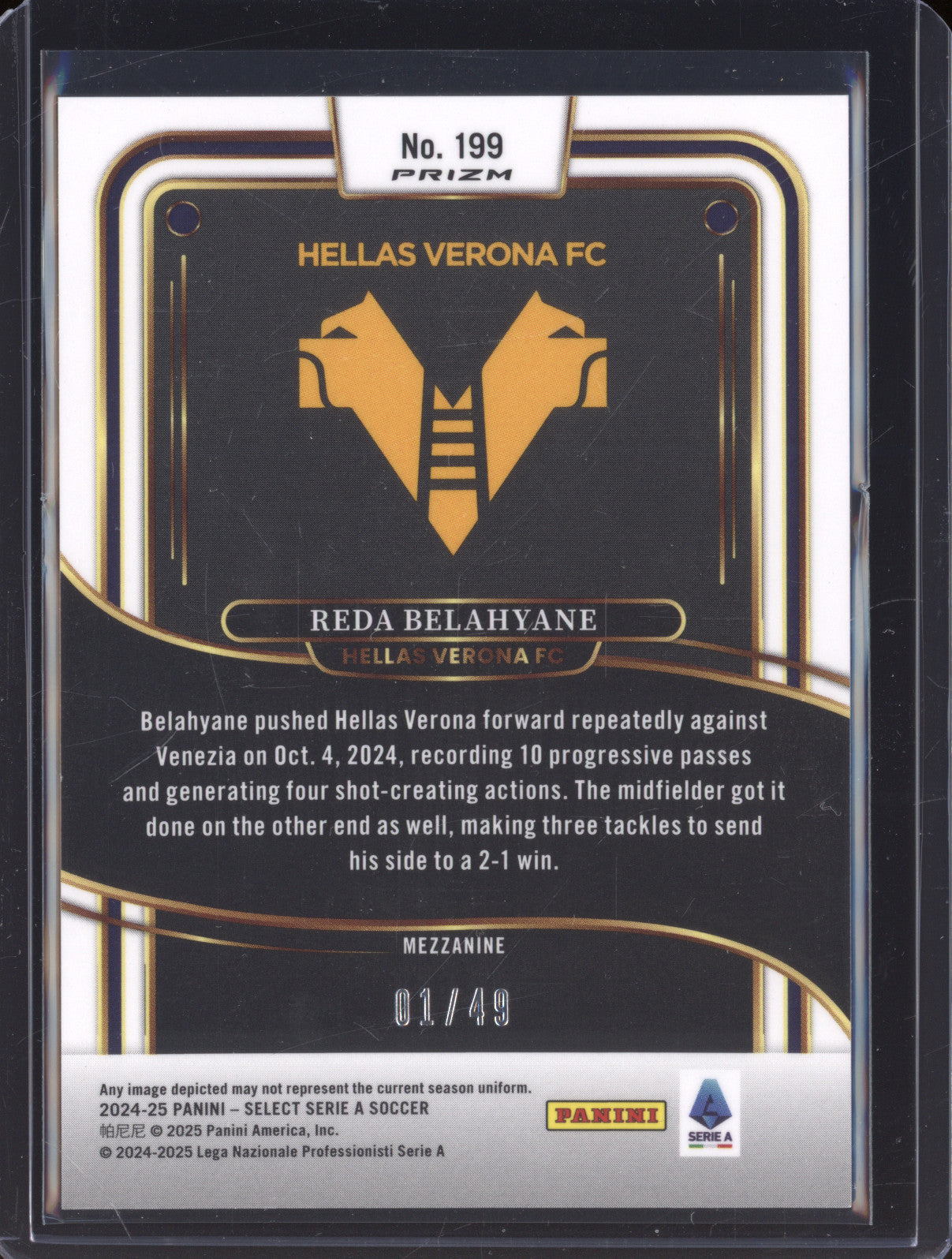 2024-25 Panini Select Serie A 199 Reda Belahyane Purple RC 01/49