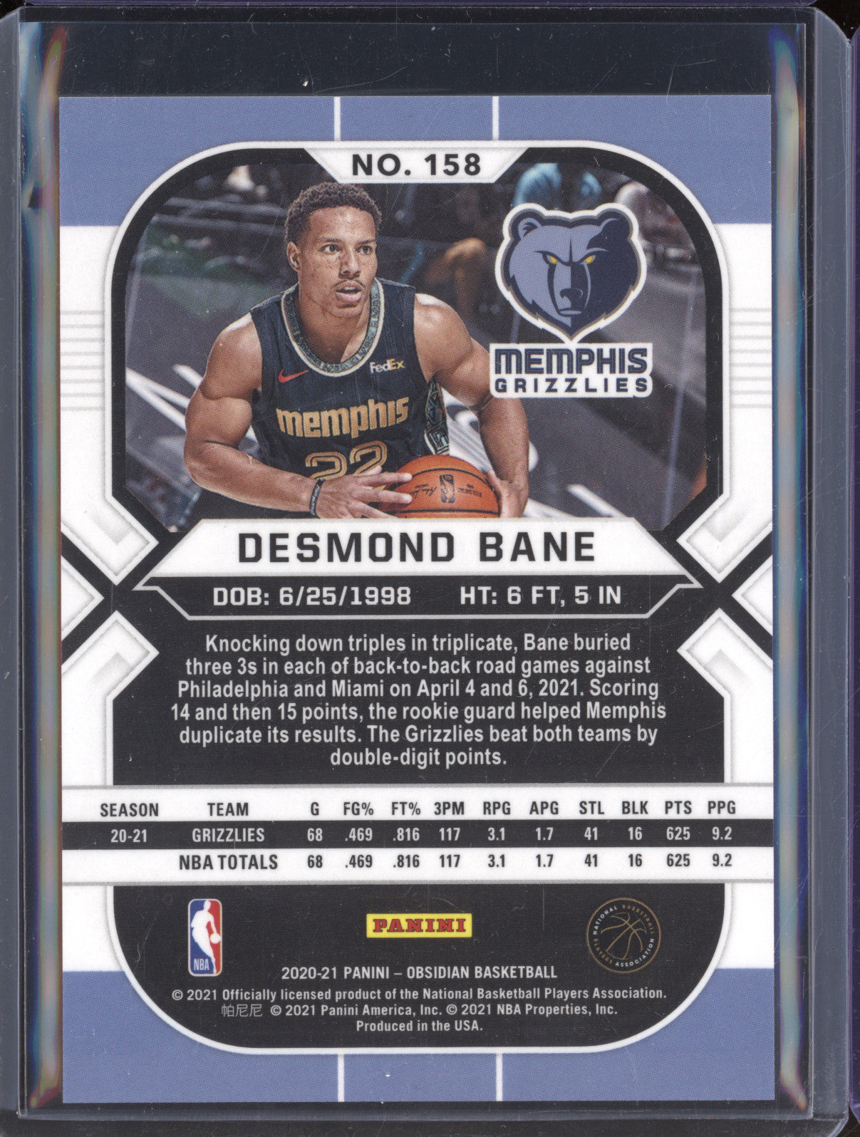 Desmond Bane 2020-21 Panini Obsidian 158 Electric Etch White Pulsar RC