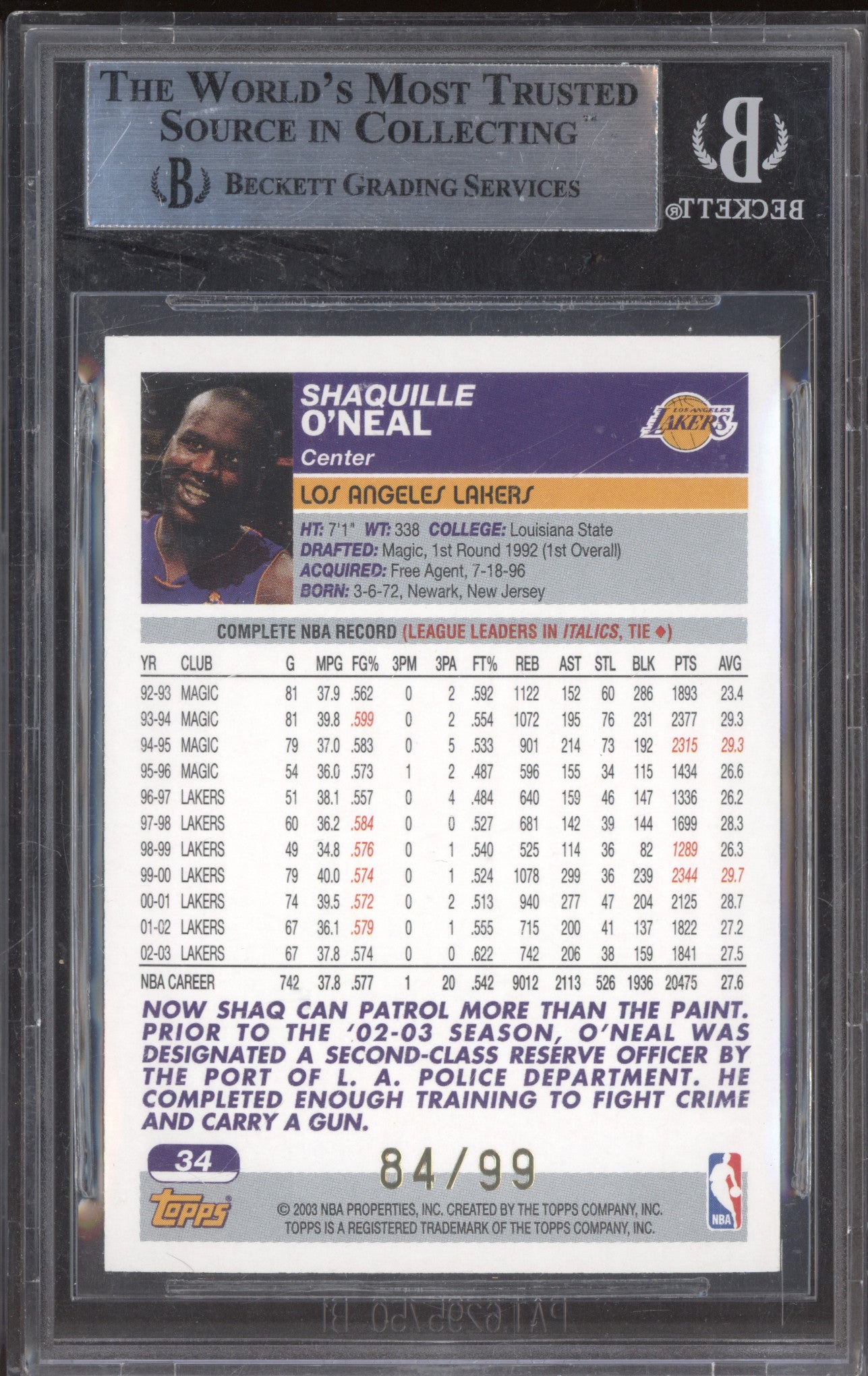2003 Topps 34 Shaquille O'Neal 84/99 Gold BGS 8.5