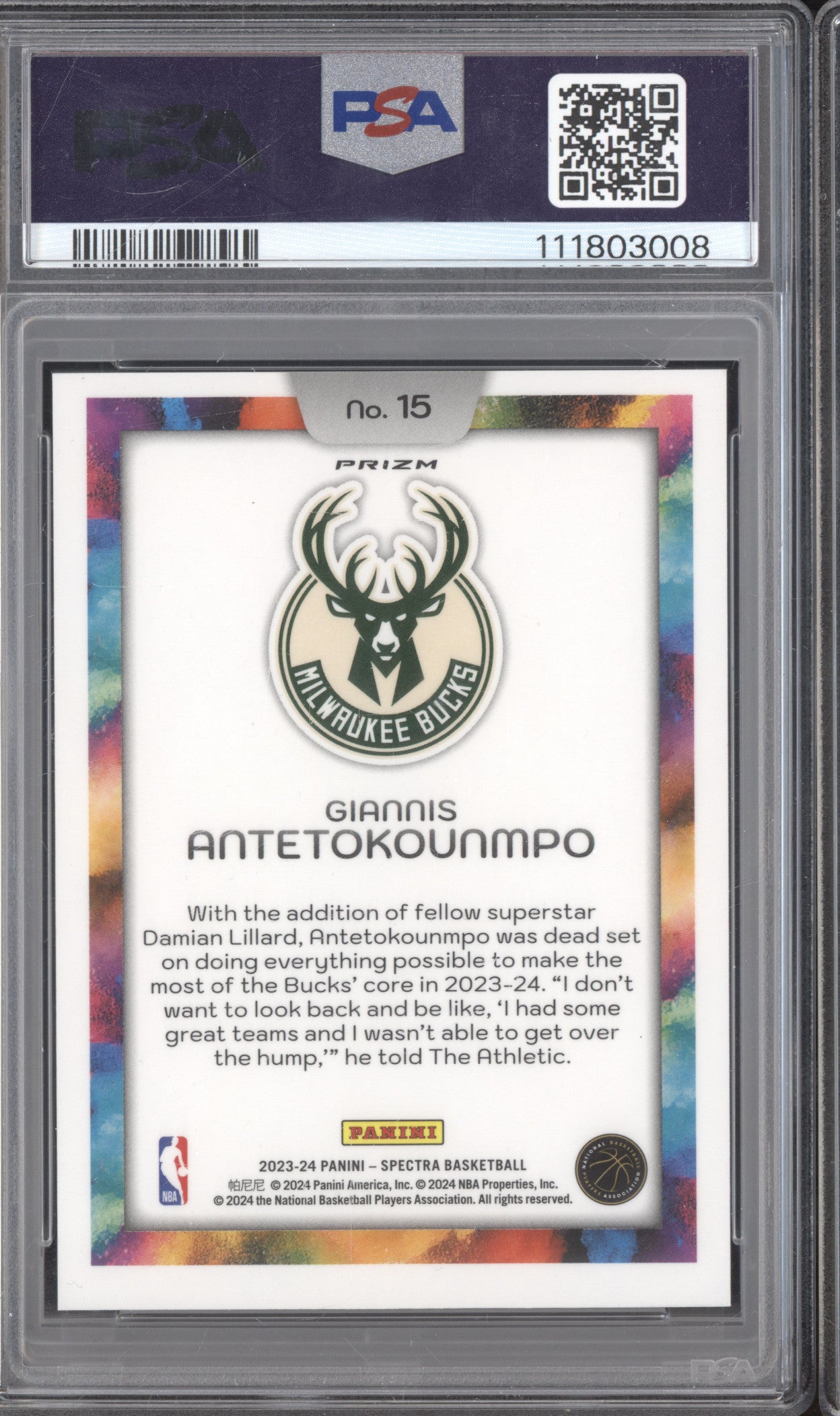 Giannis Antetokounmpo 2023-24 Panini Spectra 15 Color Blast PSA 9