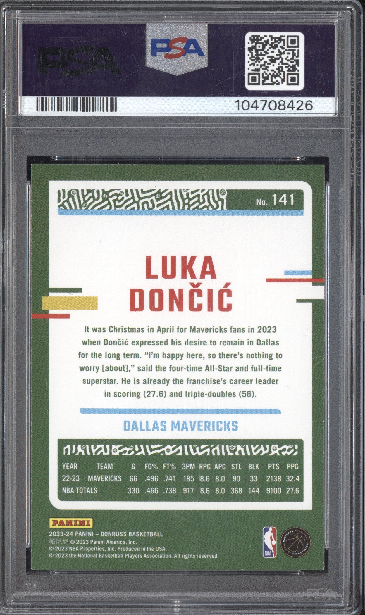 Luka Doncic 2023-24 Panini Donruss 141 Holo Green Laser PSA 7