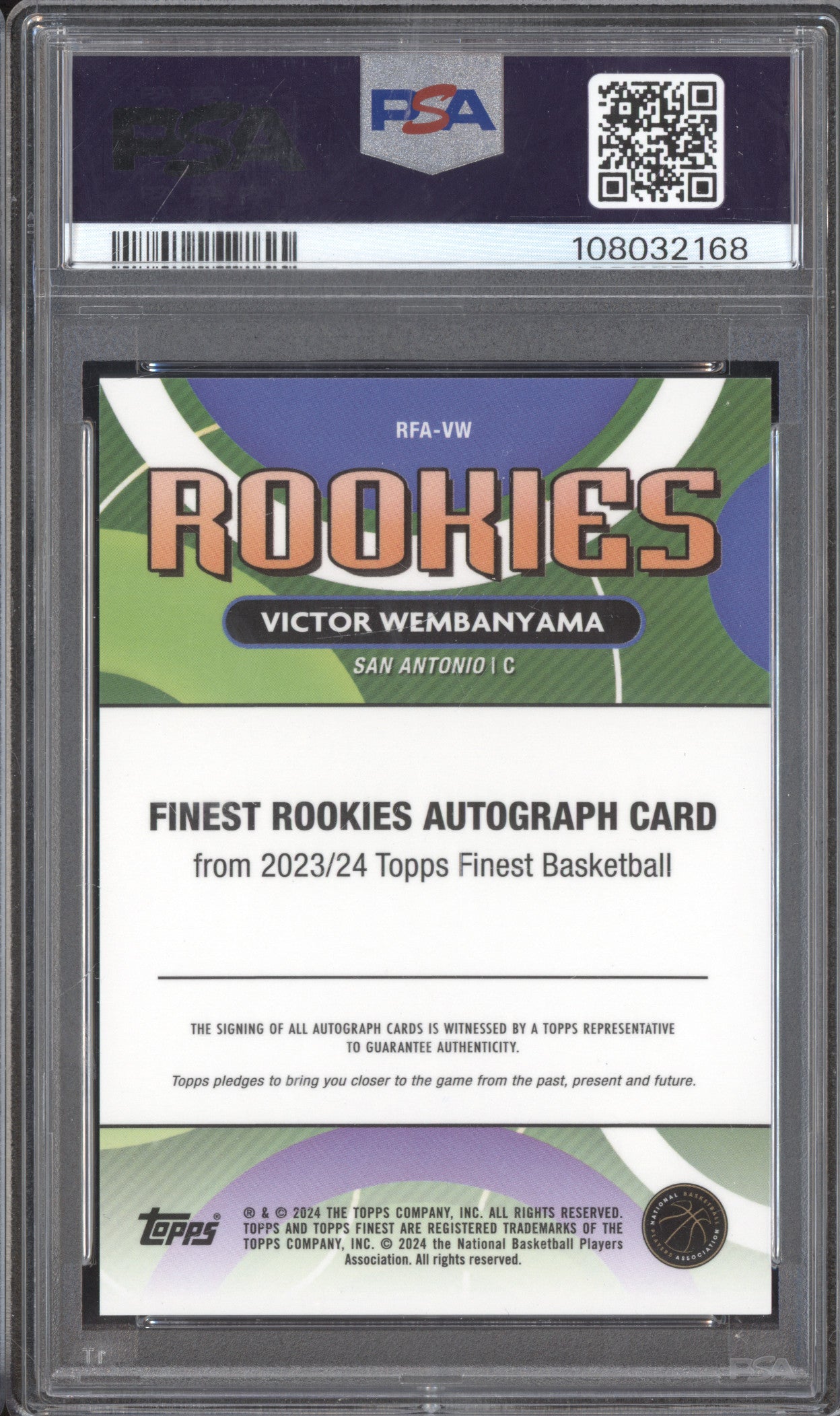 Victor Wembanyama 2023-24 Topps Finest RFA-VW Auto RC PSA 10