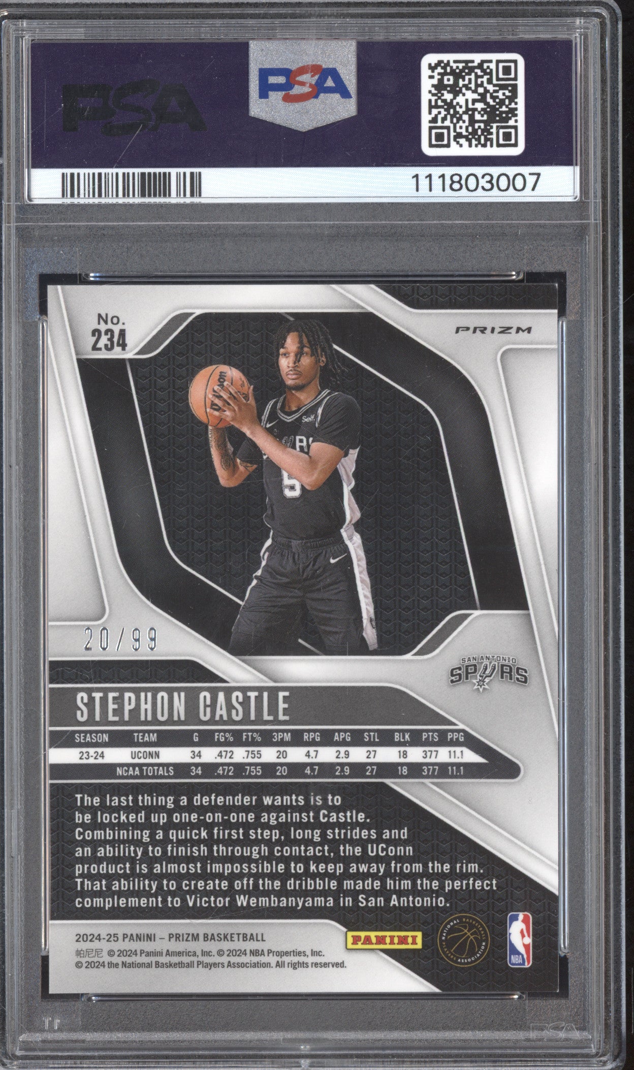 Stephon Castle 2024-25 Panini Prizm 234 Purple RC 20/99 PSA 9