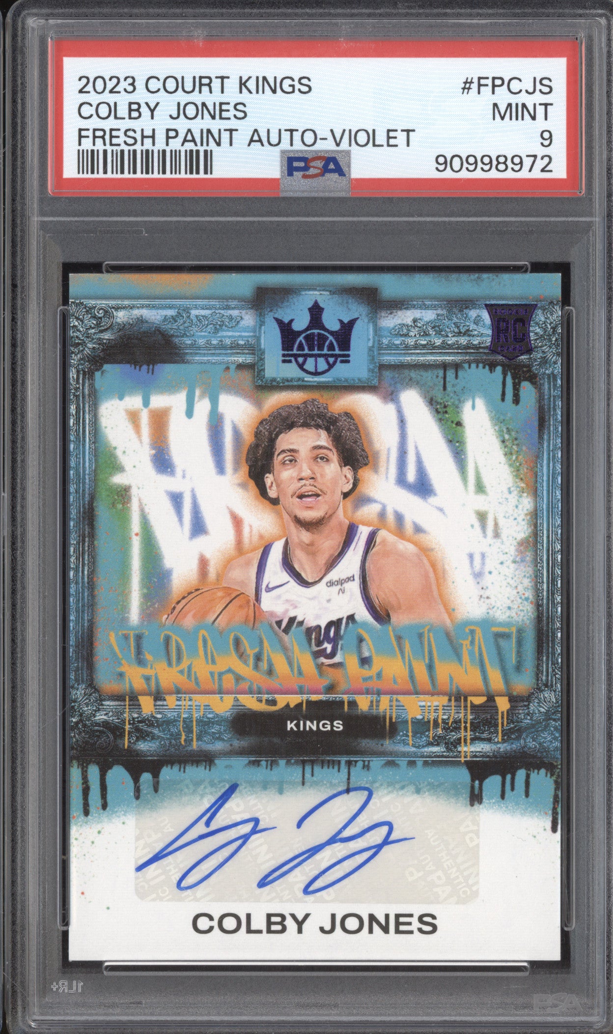 Colby Jones 2023 Panini Court Kings FP-CJS Fresh Paint Auto Violet RC /49 PSA 9