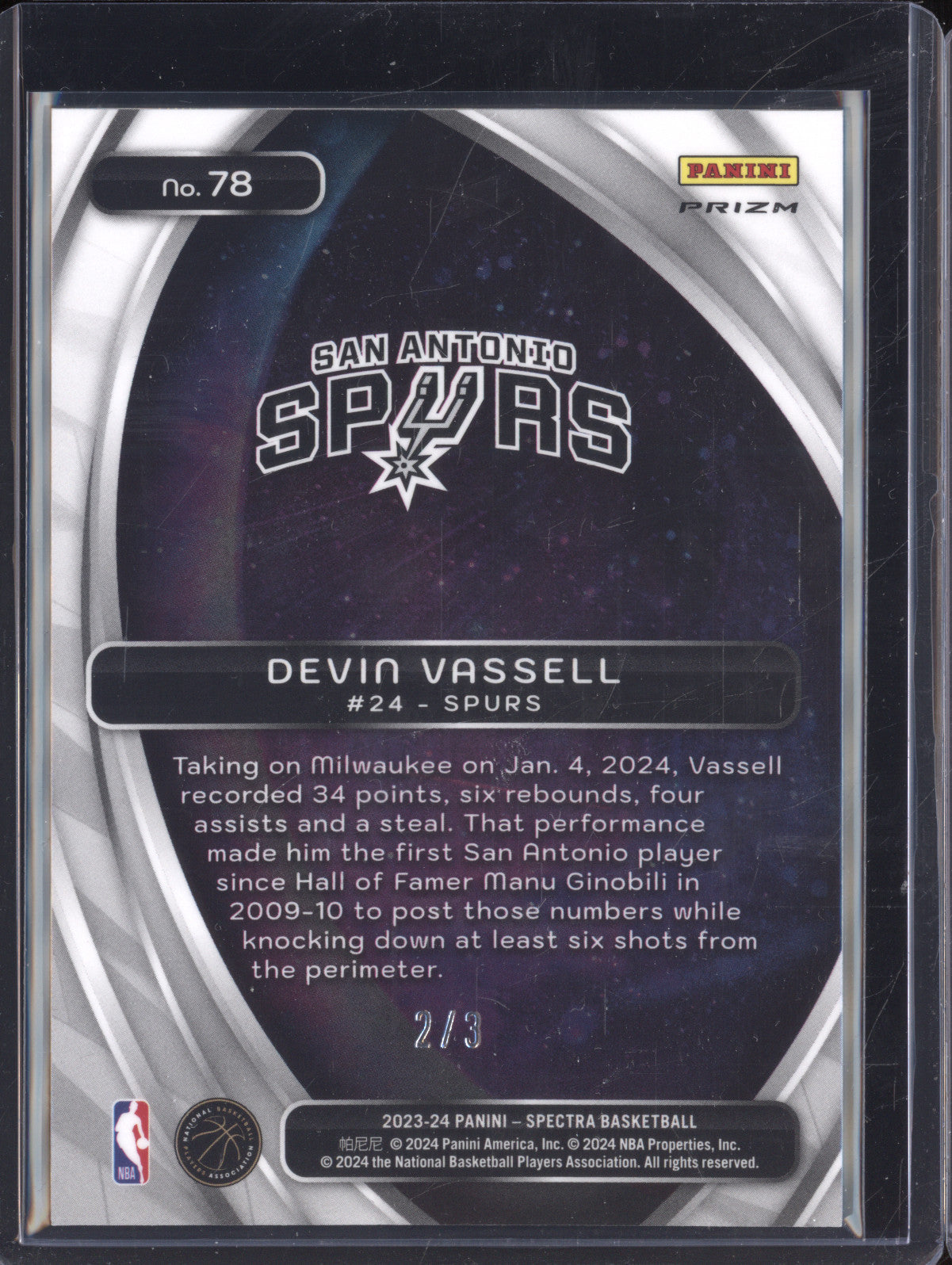 Devin Vassell 2023-24 Panini Spectra 78 Titan Gold Scope FOTL 2/3