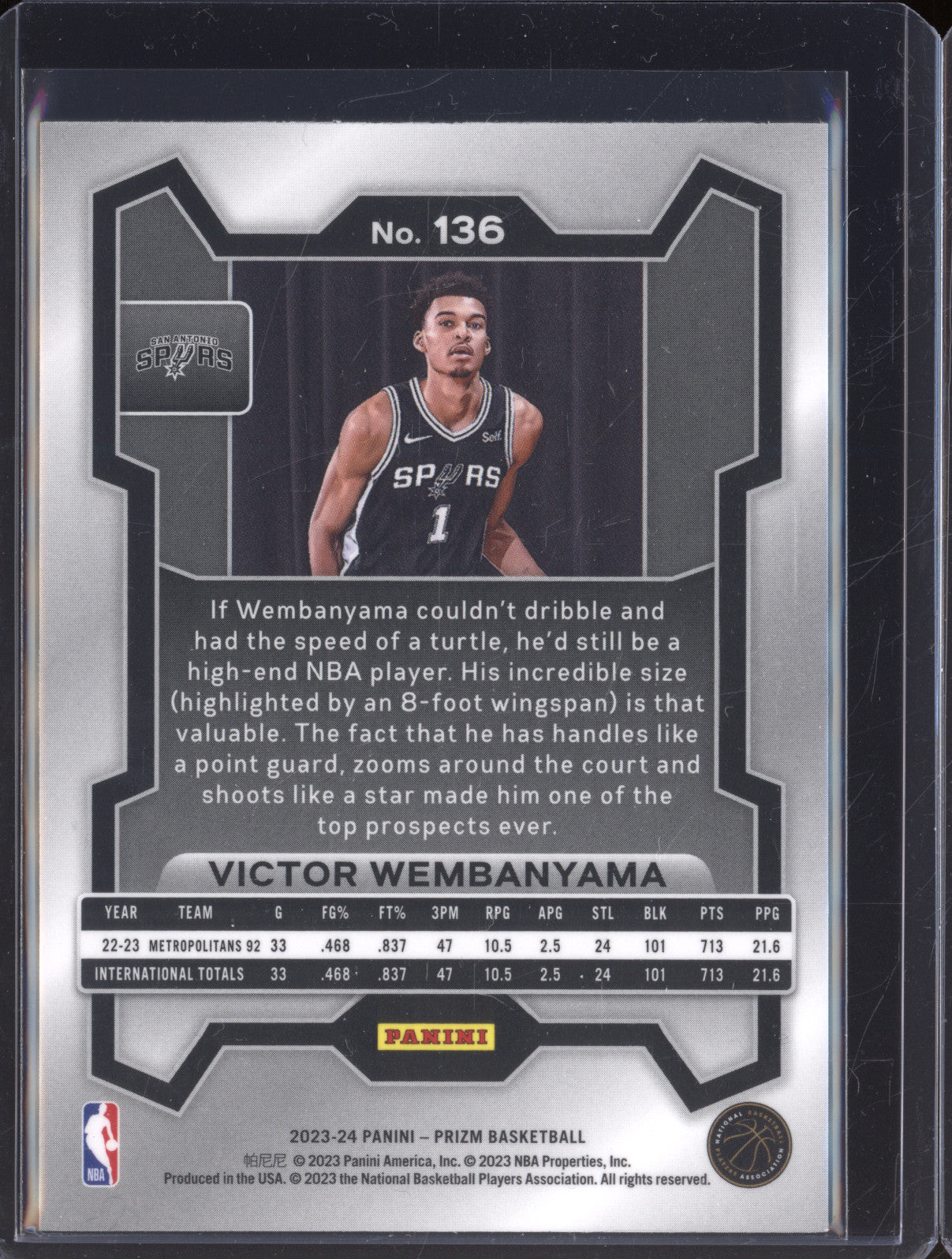 Victor Wembanyama 2023-24 Panini Prizm 136 Prizm RC