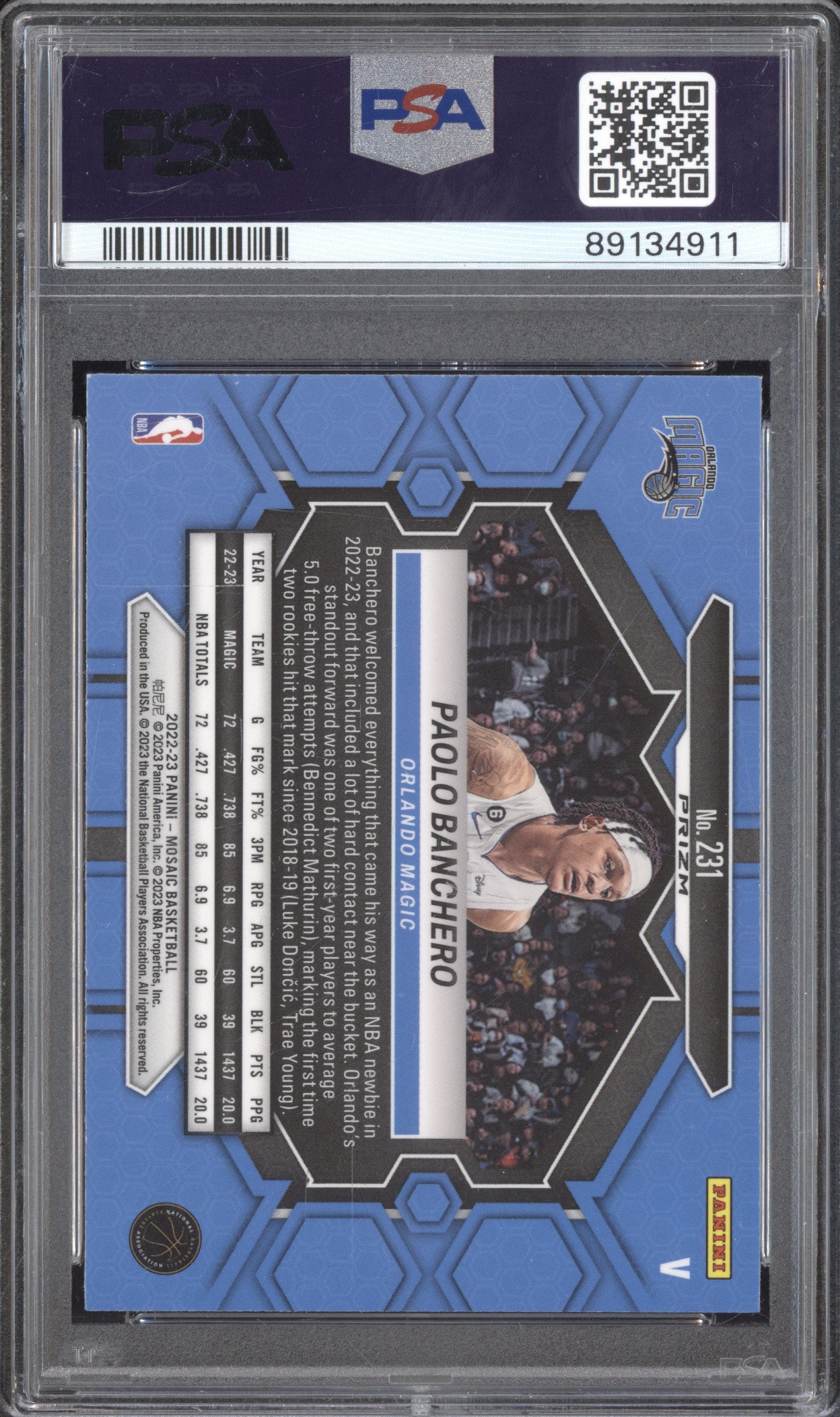 Paolo Banchero 2022-23 Panini Mosaic 231 Variation Fast Break RC PSA 10
