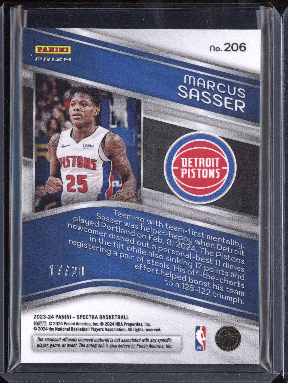 Marcus Sasser 2023-24 Panini Spectra 206 Rookie Jersey Auto Blue Wave RC 17/20