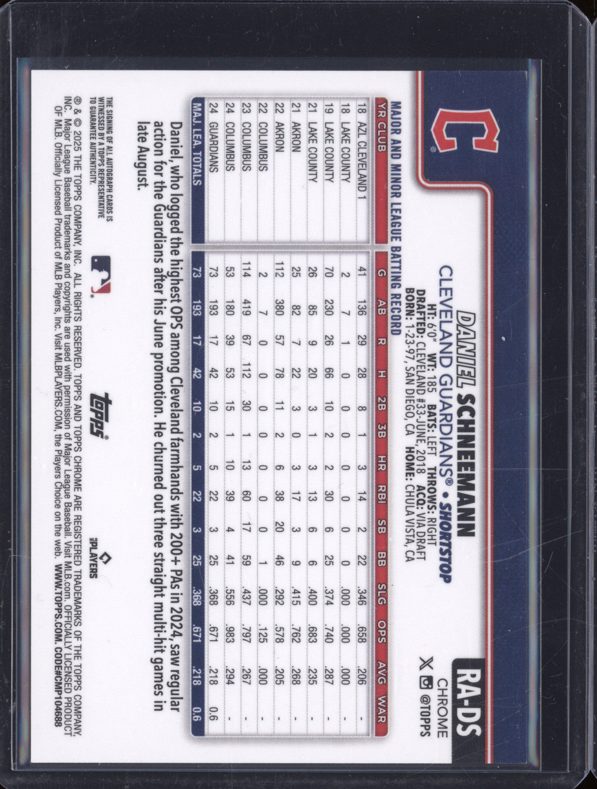 Daniel Schneemann 2025 Topps Chrome RA-DS Purple Speckle Auto RC 216/299