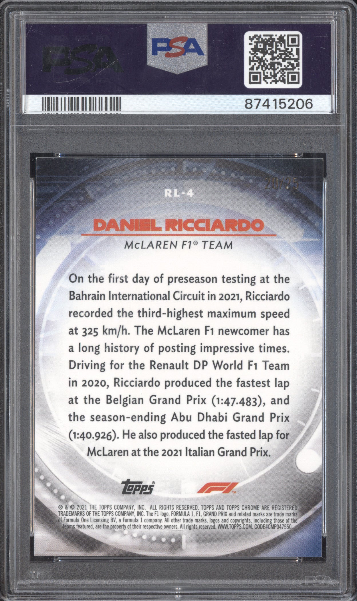 Daniel Ricciardo 2021 Topps Chrome RL-4 Redliners Orange 20/25 PSA 9