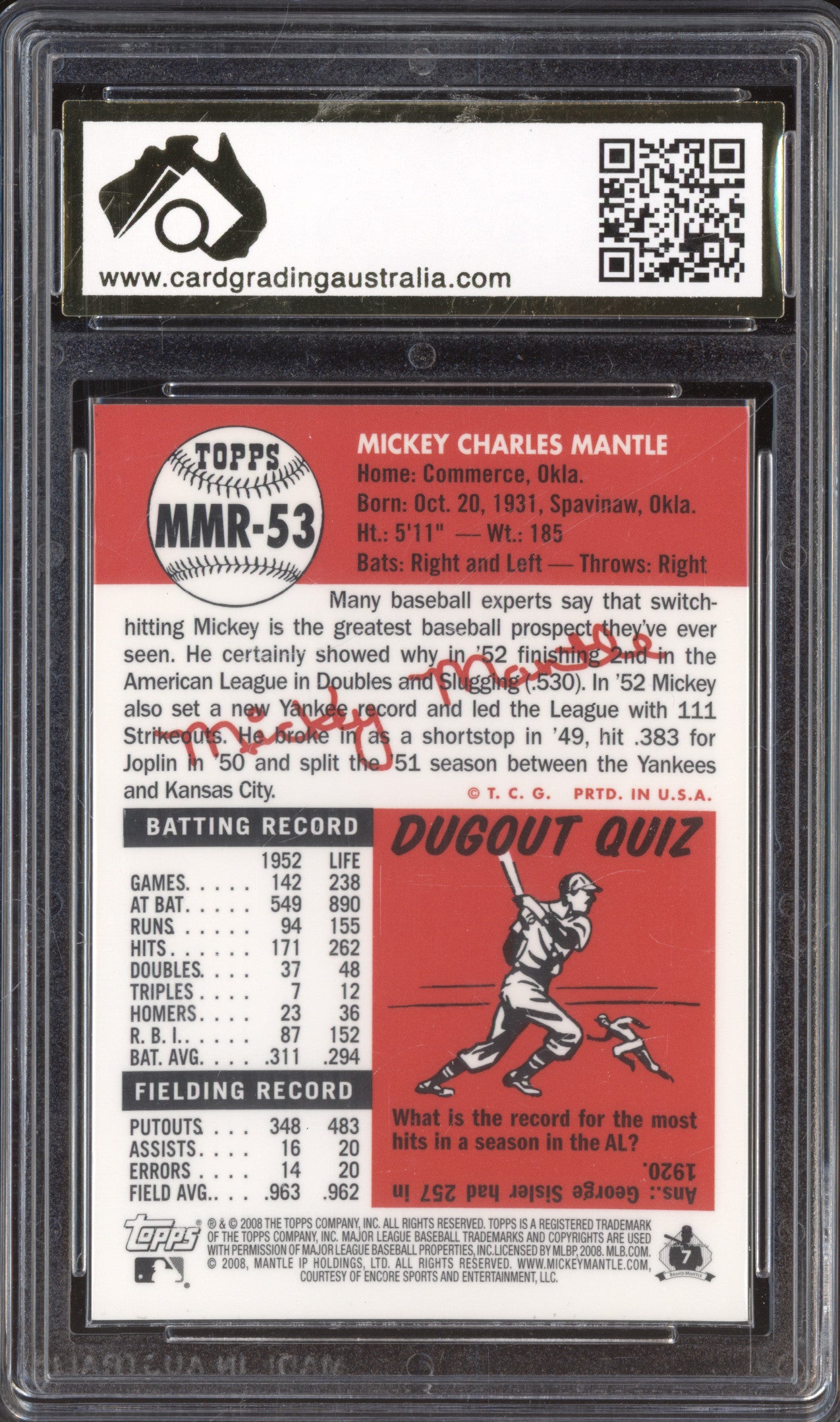 2008 Topps Mickey Mantle Reprints MMR-53 Mickey Mantle Gold CGA 9.5