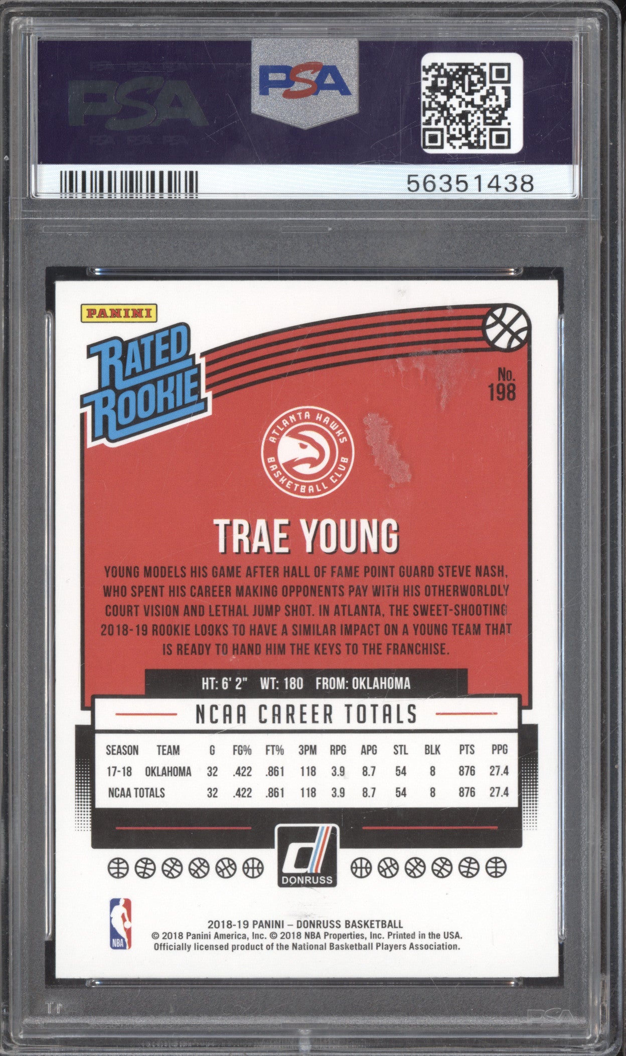 Trae Young 2018-19 Panini Donruss 198 RC PSA 8