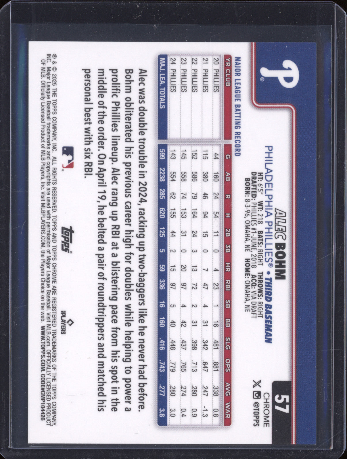 Alec Bohm 2025 Topps Chrome 57 Green Refractor 51/99
