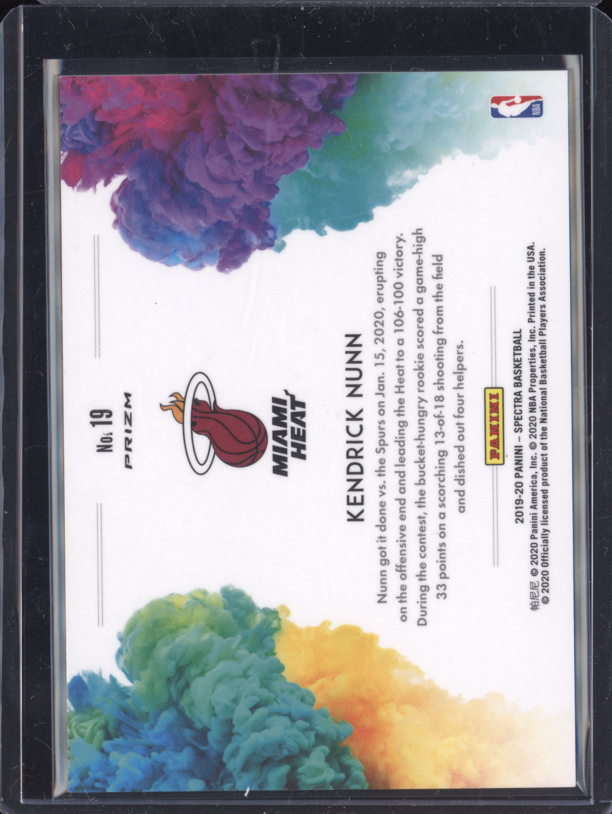 Kendrick Nunn 2019-20 Panini Spectra 19 Color Blast RC