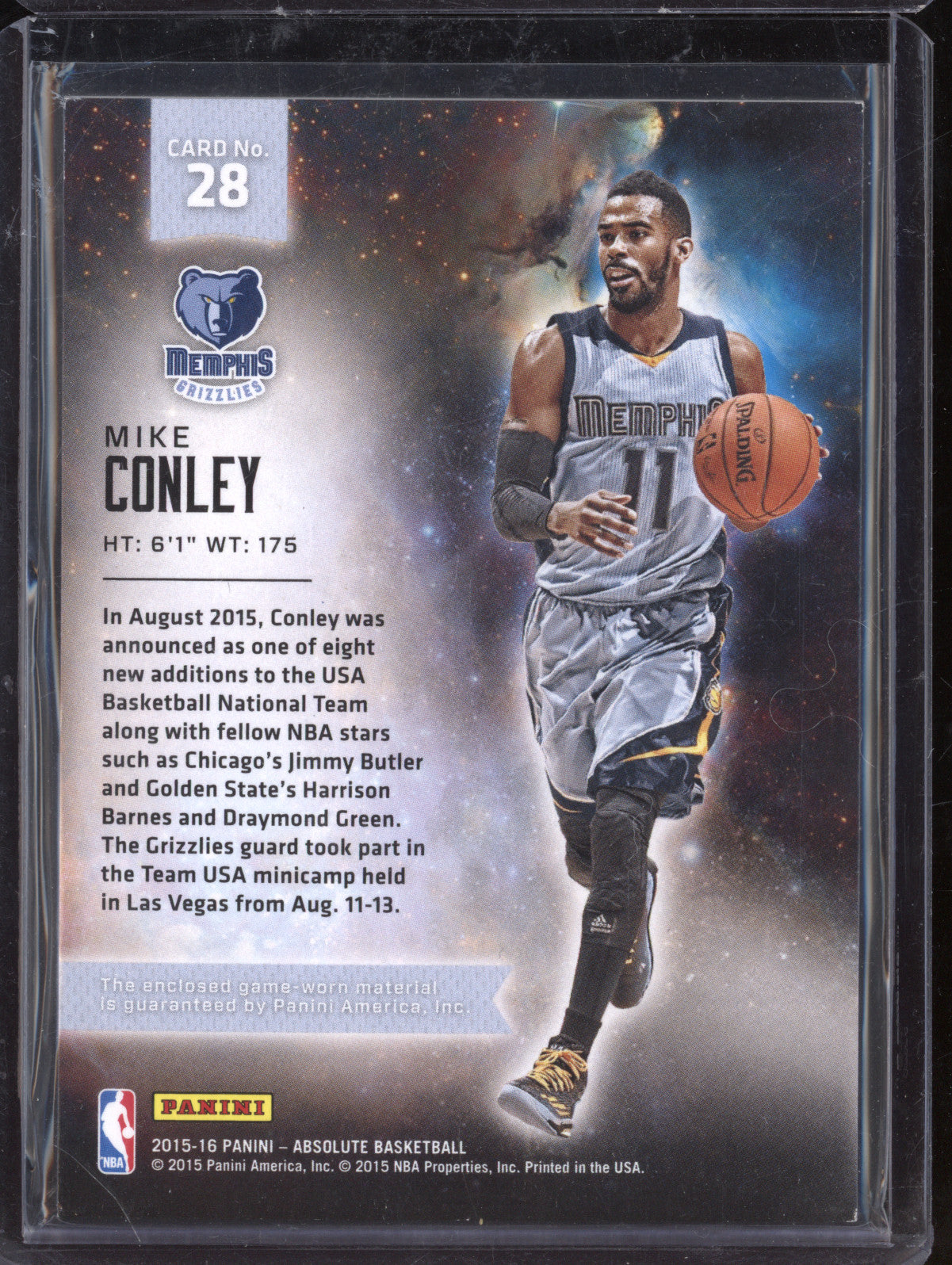 Mike Conley 2015-16 Panini Absolute 28 NBA Stars Memorabilia Prime 22/25