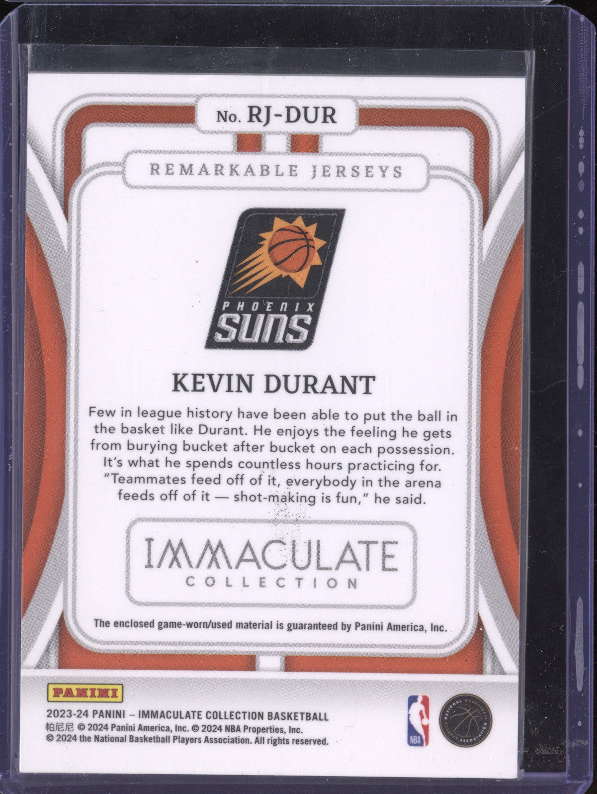 Kevin Durant 2023-24 Panini Immaculate RJ-DUR Remarkable Jerseys 6/99