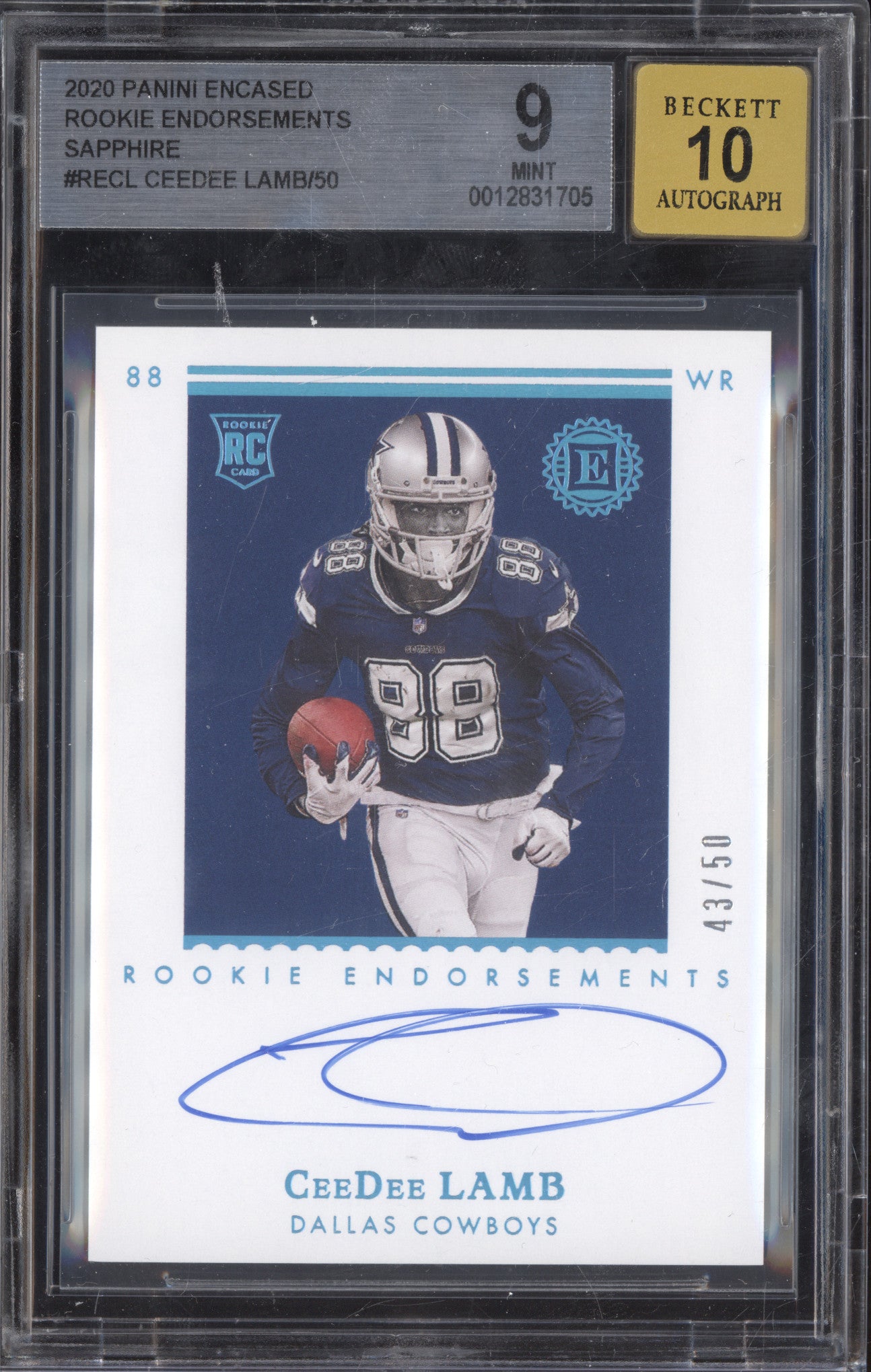 CeeDee Lamb 2020 Panini Encased RE-CL Rookie Endorsements Auto Sapphire RC 43/50 BGS 9/10